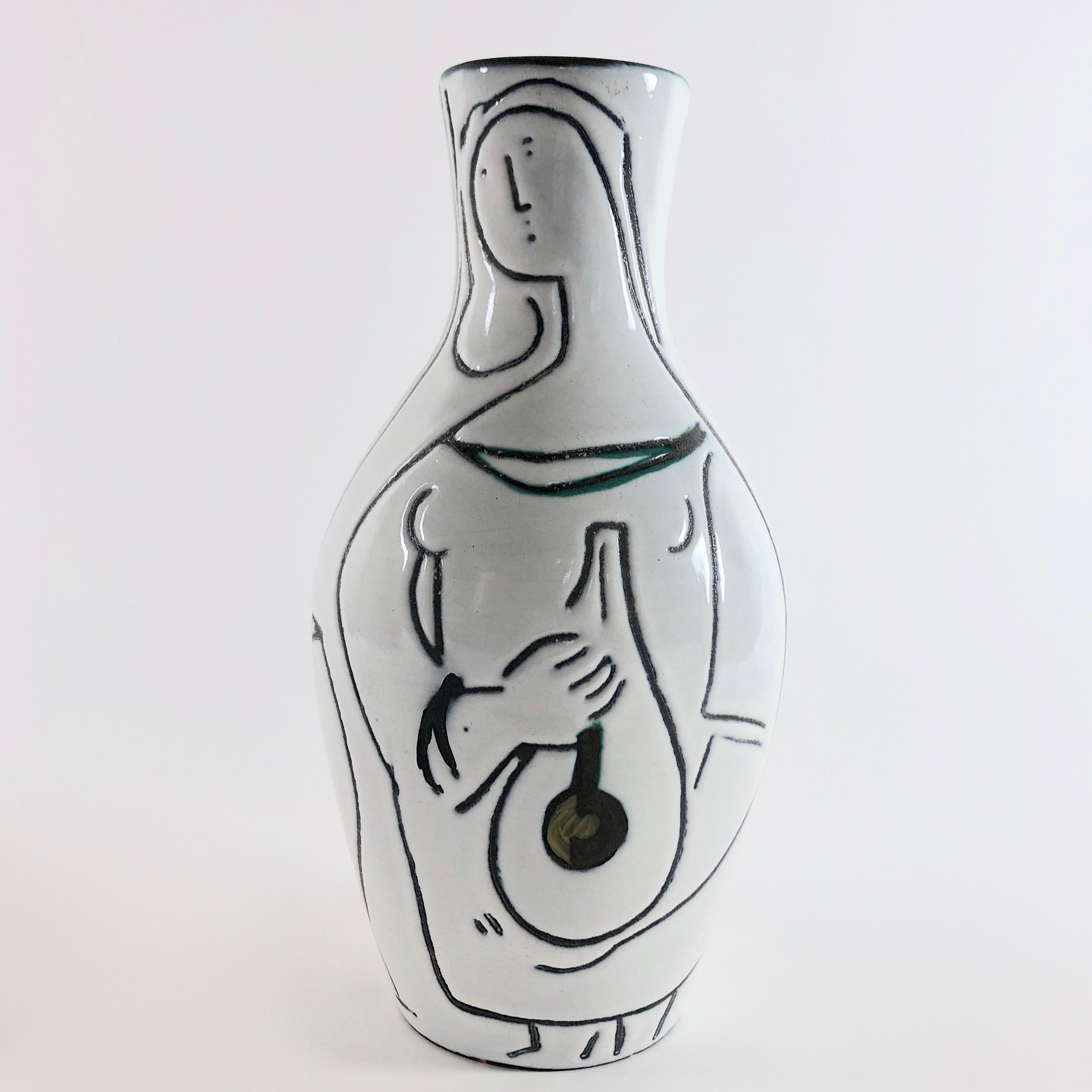 Mid-Century Modern Jacques Innocenti, Black and White Ceramic Bottle Vase For Sale