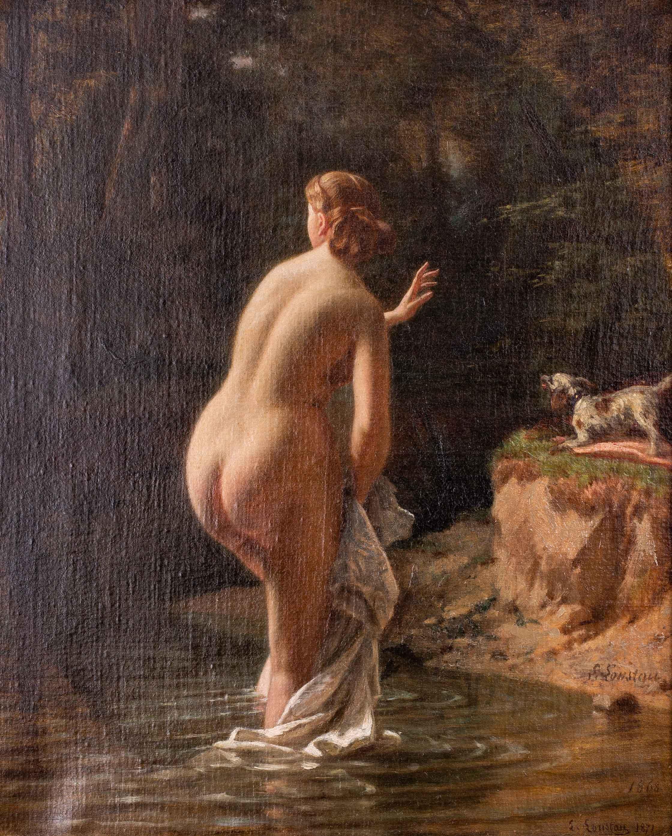 19th Century French oil painting by Loustau 'Homage to the bottom', 1868 - Painting by Jacques J. Leopold Loustau