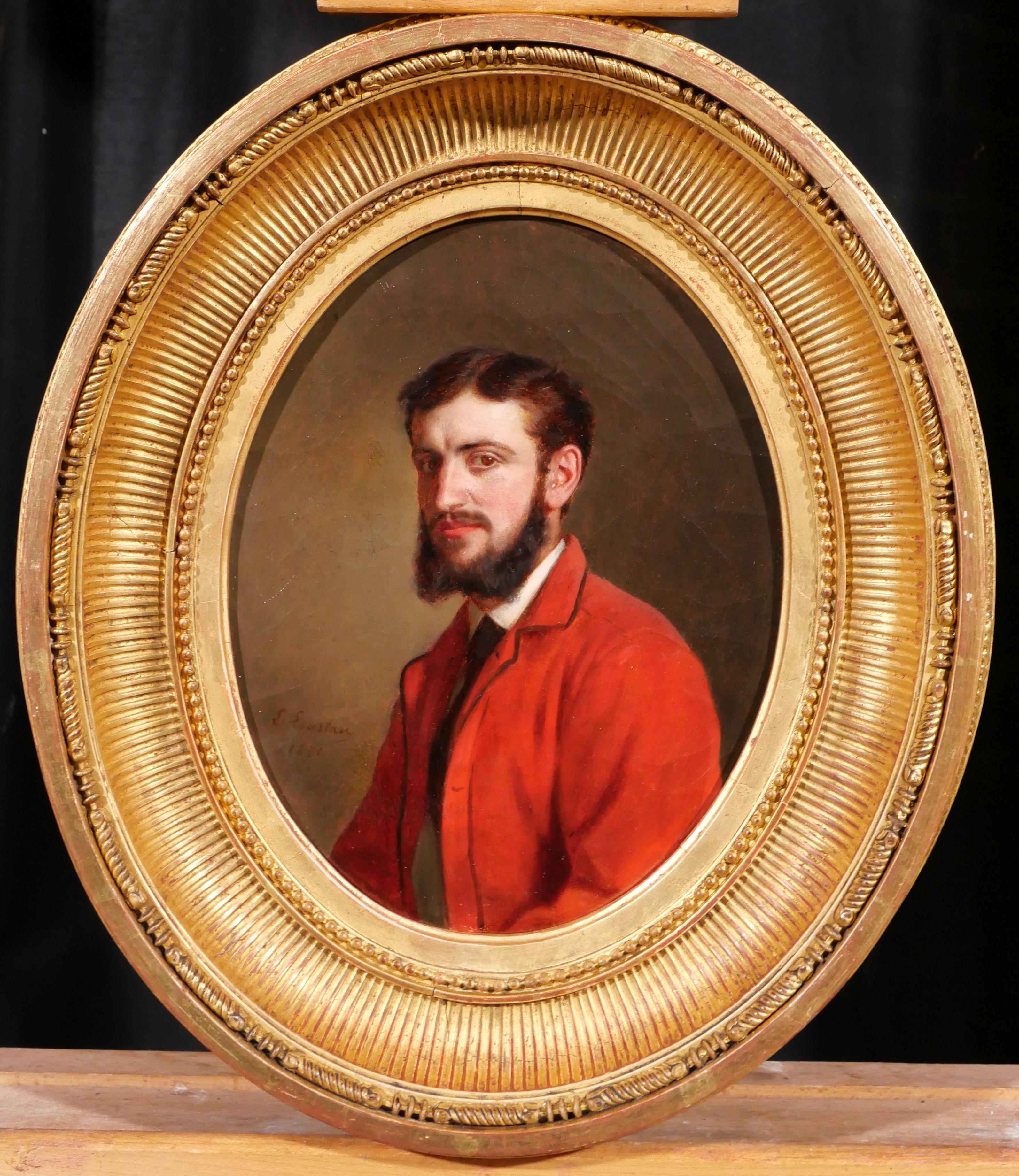 Porträt eines Mannes mit roter Jacke – Painting von Jacques J. Leopold Loustau