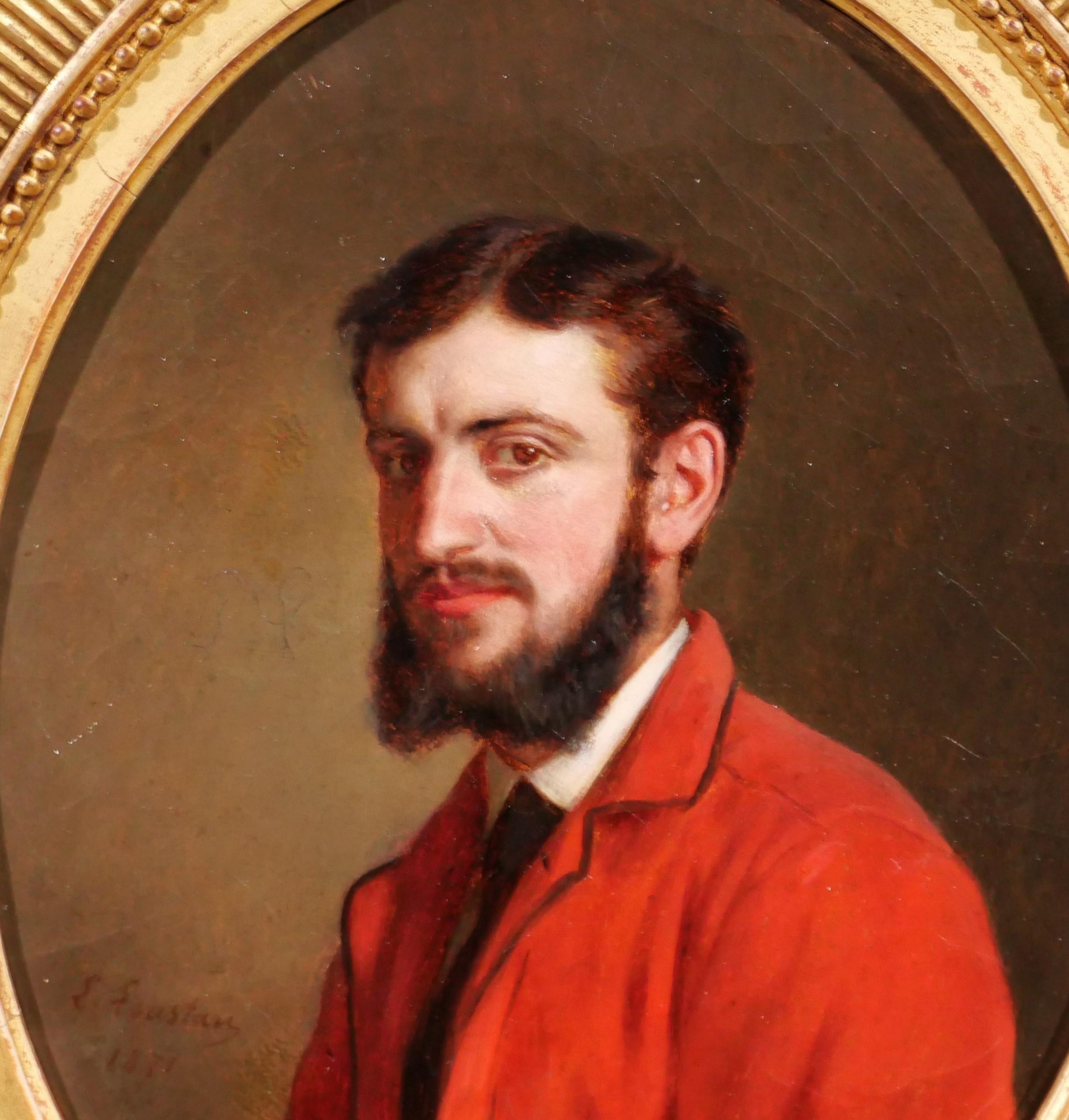 Jacques J. Leopold LOUSTAU
Saarlouis, 1815 - Paris, 1894
Porträt eines Mannes mit roter Jacke
Signiert und datiert 1871
Gemälde: 19 x 24 cm (7,5 x 9,4 Zoll) (Leinwand), 18 x 23 cm (7,1 x 11 Zoll) (ovale Ansicht)
Schöner originaler ovaler Rahmen: 32