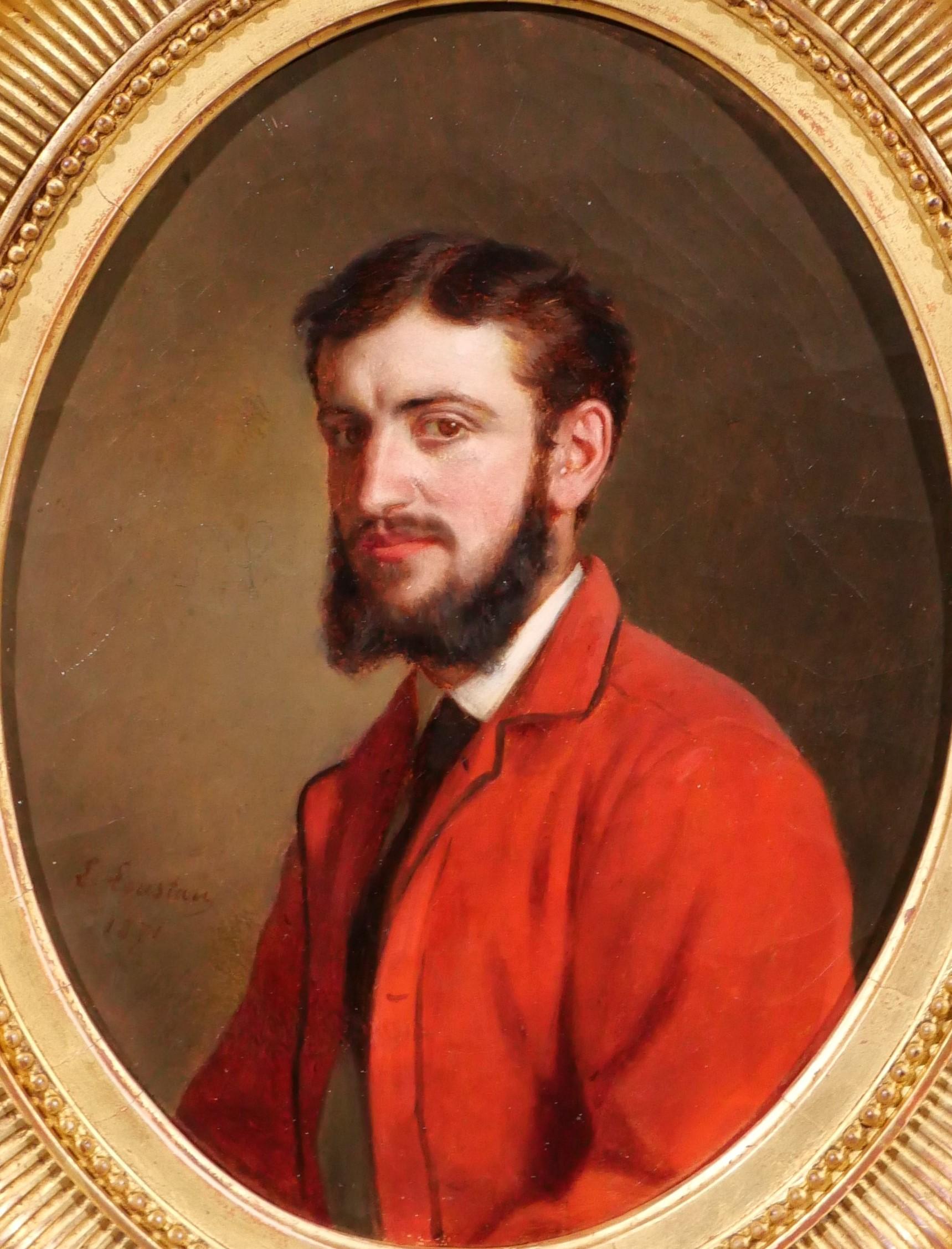 Jacques J. Leopold Loustau Portrait Painting – Porträt eines Mannes mit roter Jacke