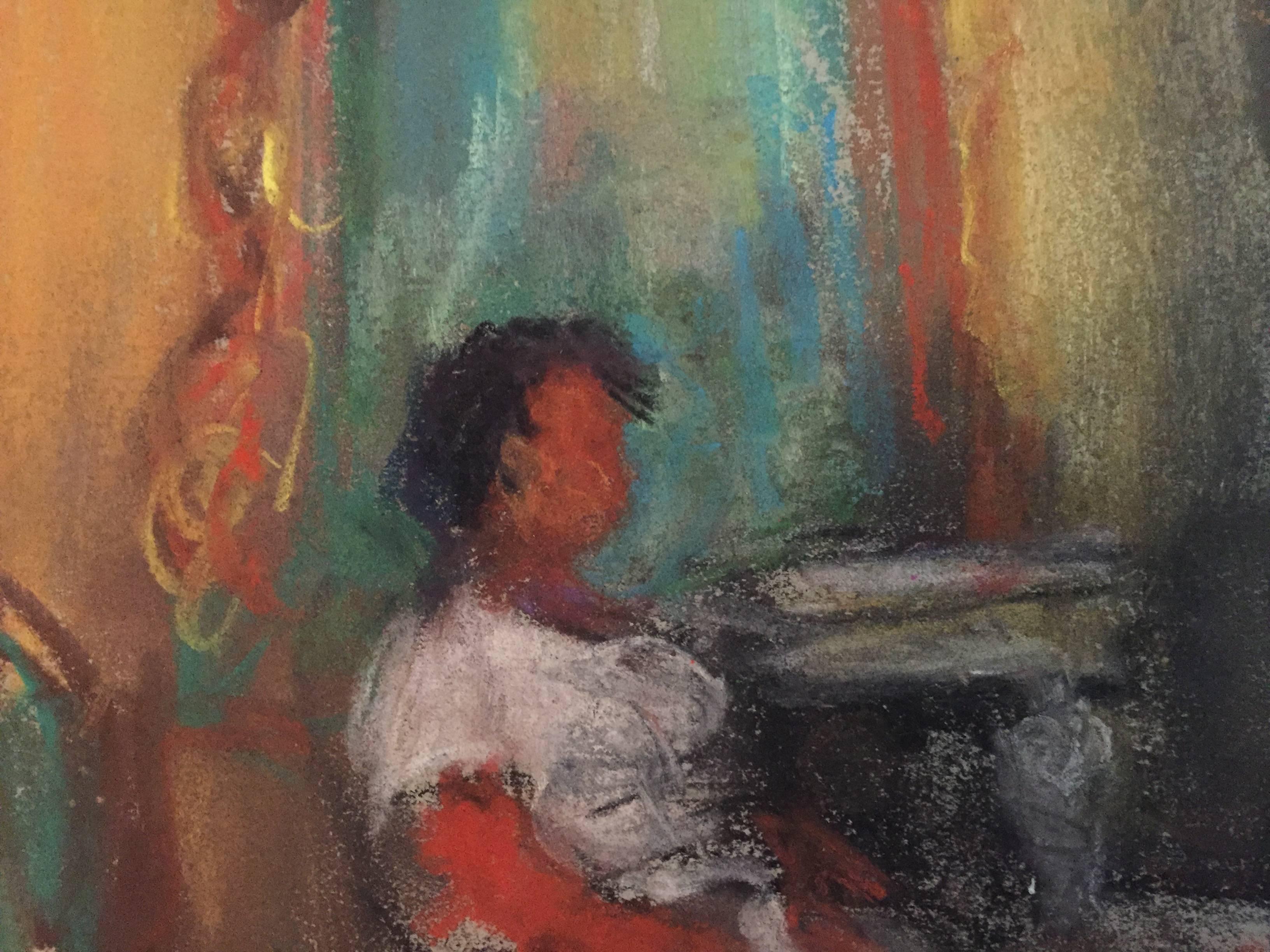 Peinture au pastel Femme dans un intérieur polonais Ecole D'Paris, WPA, Artiste Bezalel - Painting de Jacques (Jakub) Zucker