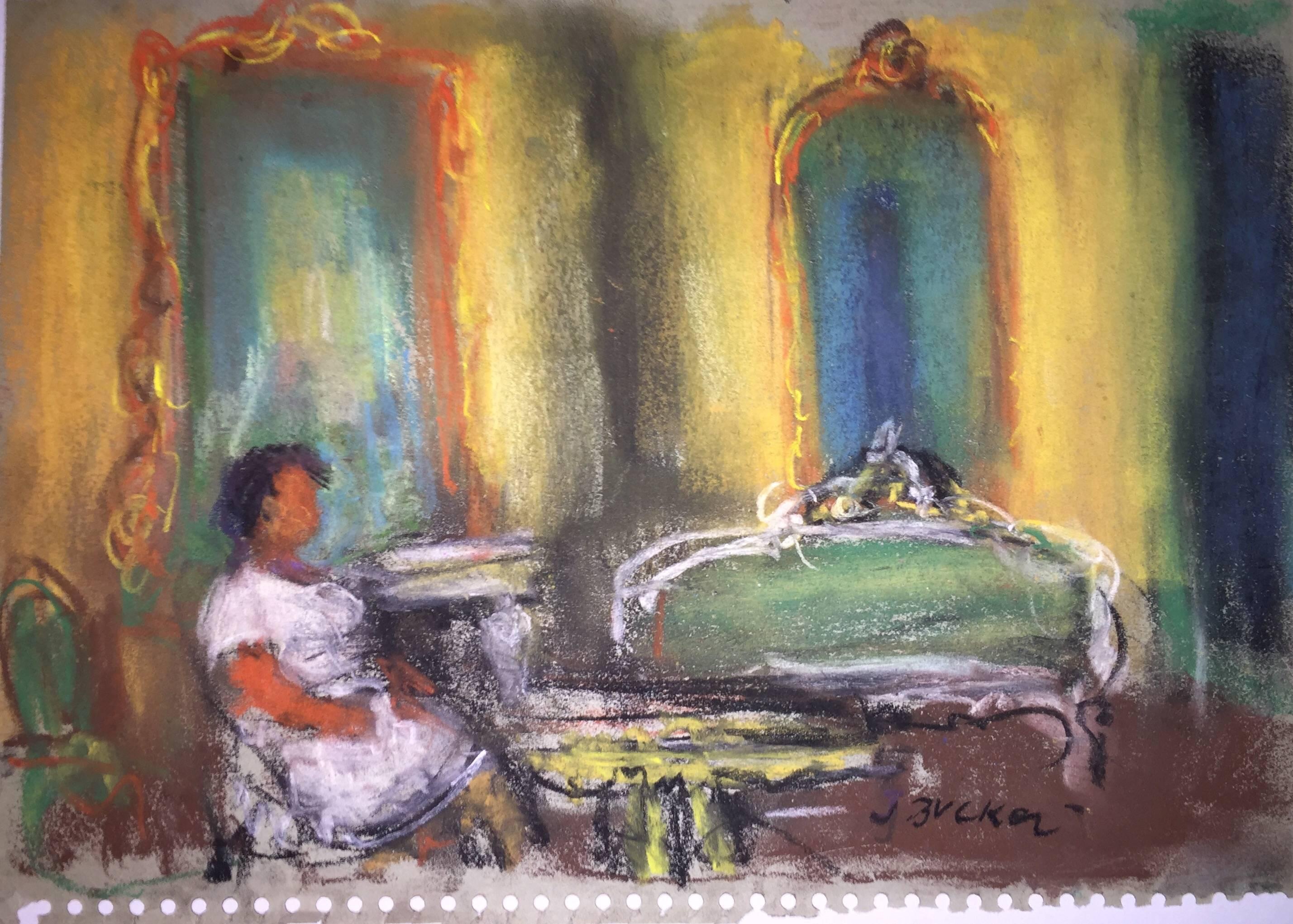 Figurative Painting Jacques (Jakub) Zucker - Peinture au pastel Femme dans un intérieur polonais Ecole D'Paris, WPA, Artiste Bezalel