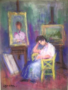Femme artiste en Studio Dessin au pastel polonais Ecole D'Paris, WPA, Artiste Bezalel
