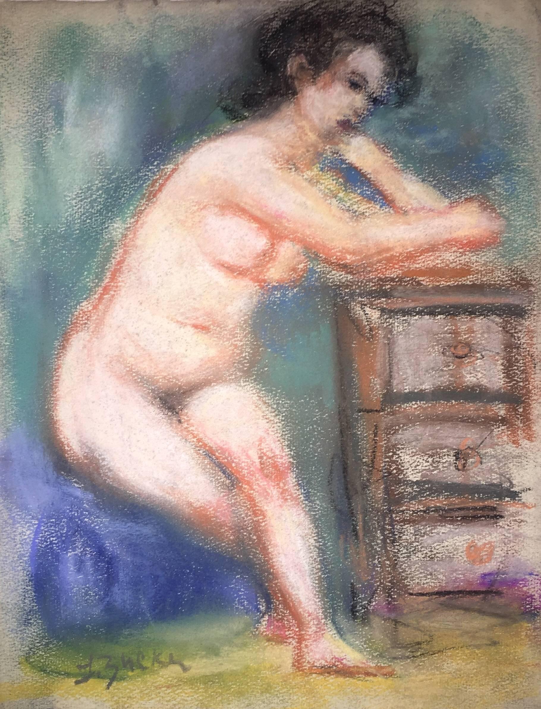 Jacques (Jakub) Zucker Figurative Photograph – Frauenakt, pastellfarbene Zeichnung nach Renoir, Polnische Ecole D'Paris WPA Bezalel Künstlerin