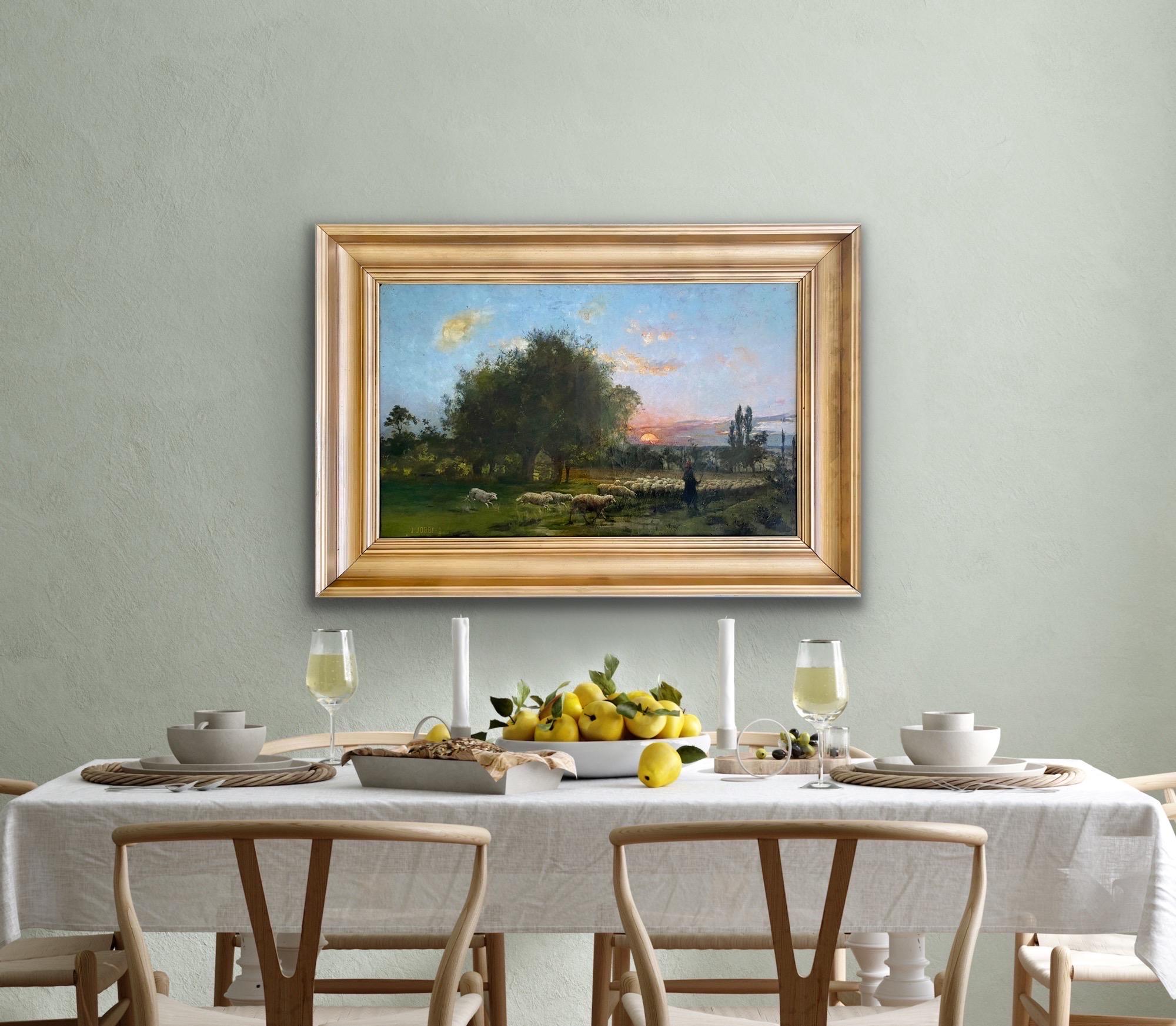 Grande peinture à l'huile de l'école de Barbizon du 19ème siècle Coucher de soleil à la campagne 5