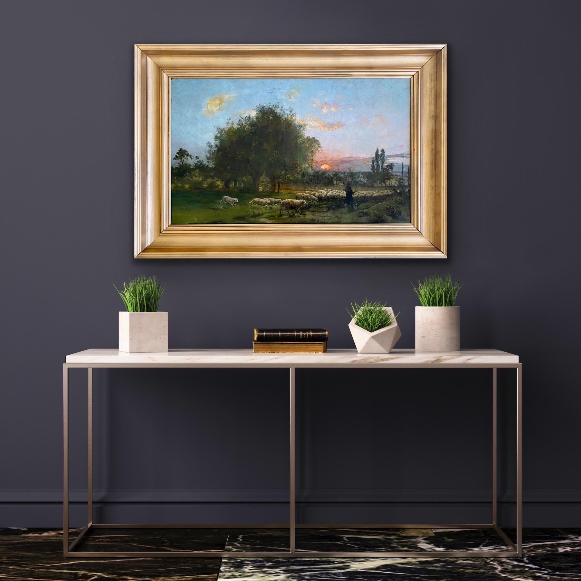 Grande peinture à l'huile de l'école de Barbizon du 19ème siècle Coucher de soleil à la campagne - Painting de Jacques Jobbé-Duval