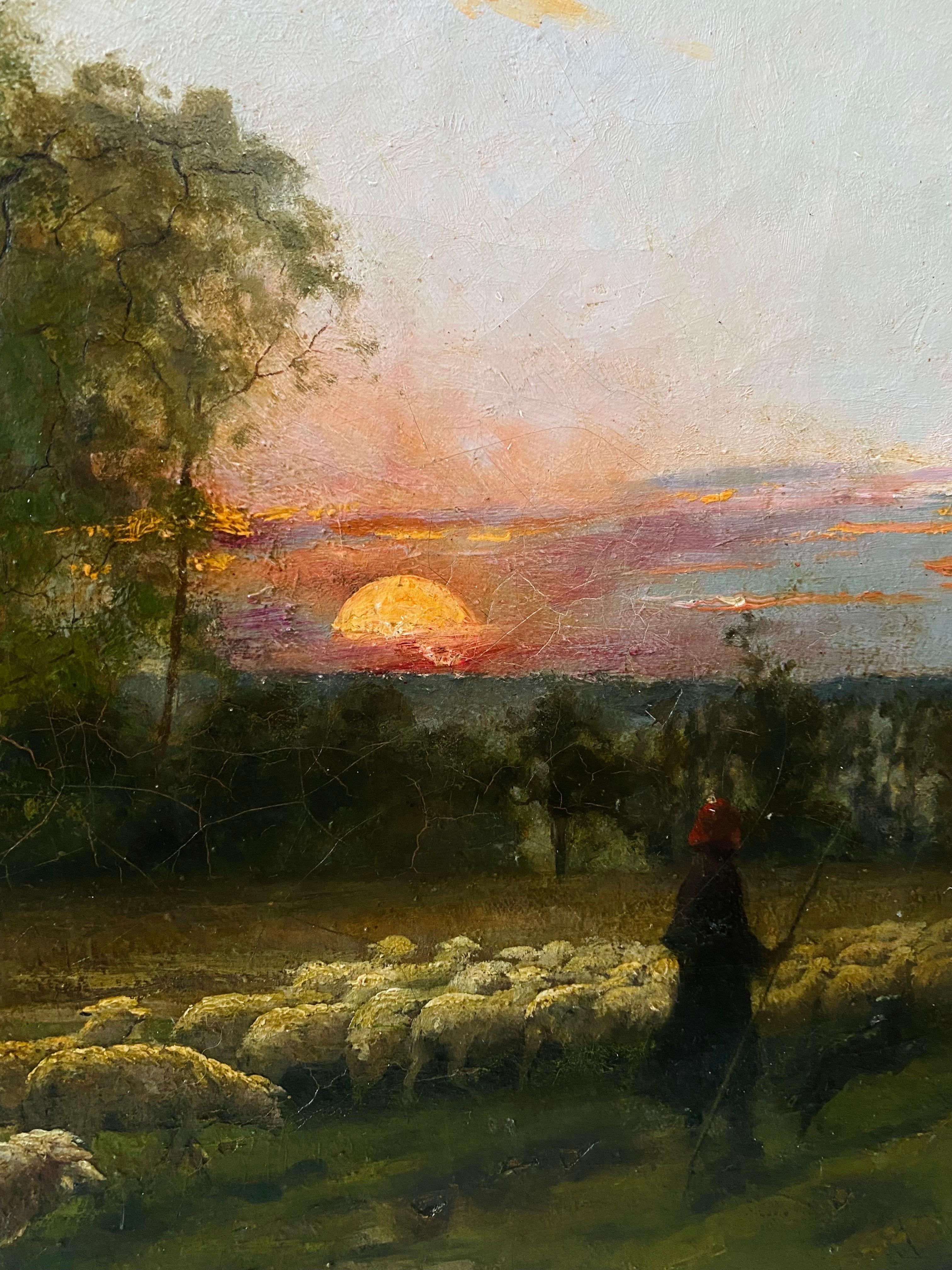 Large 19th century French Barbizon School oil painting Sunset in the countryside - Brown Figurative Painting by Jacques Jobbé-Duval