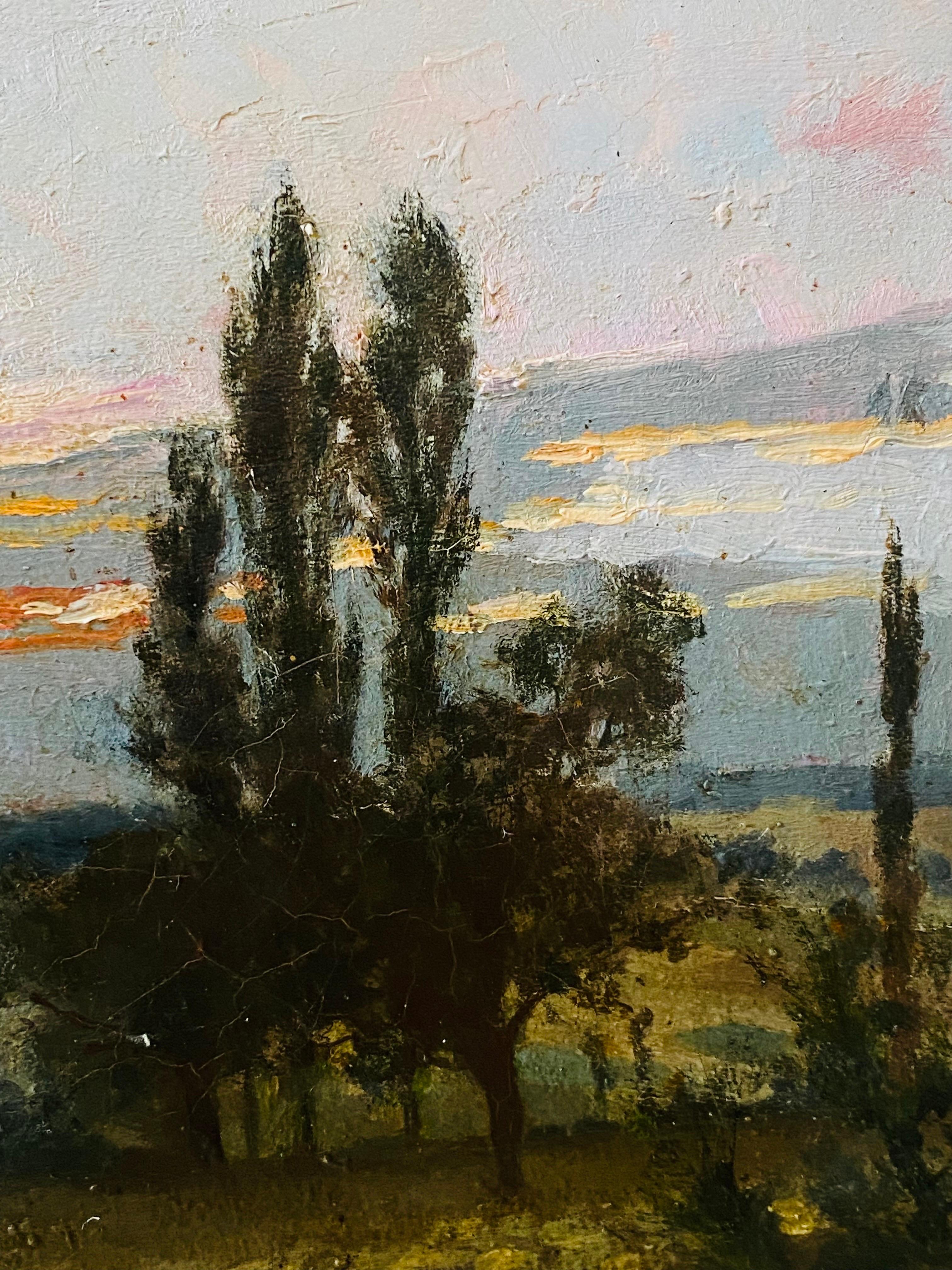 Grande peinture à l'huile de l'école de Barbizon du 19ème siècle Coucher de soleil à la campagne 1