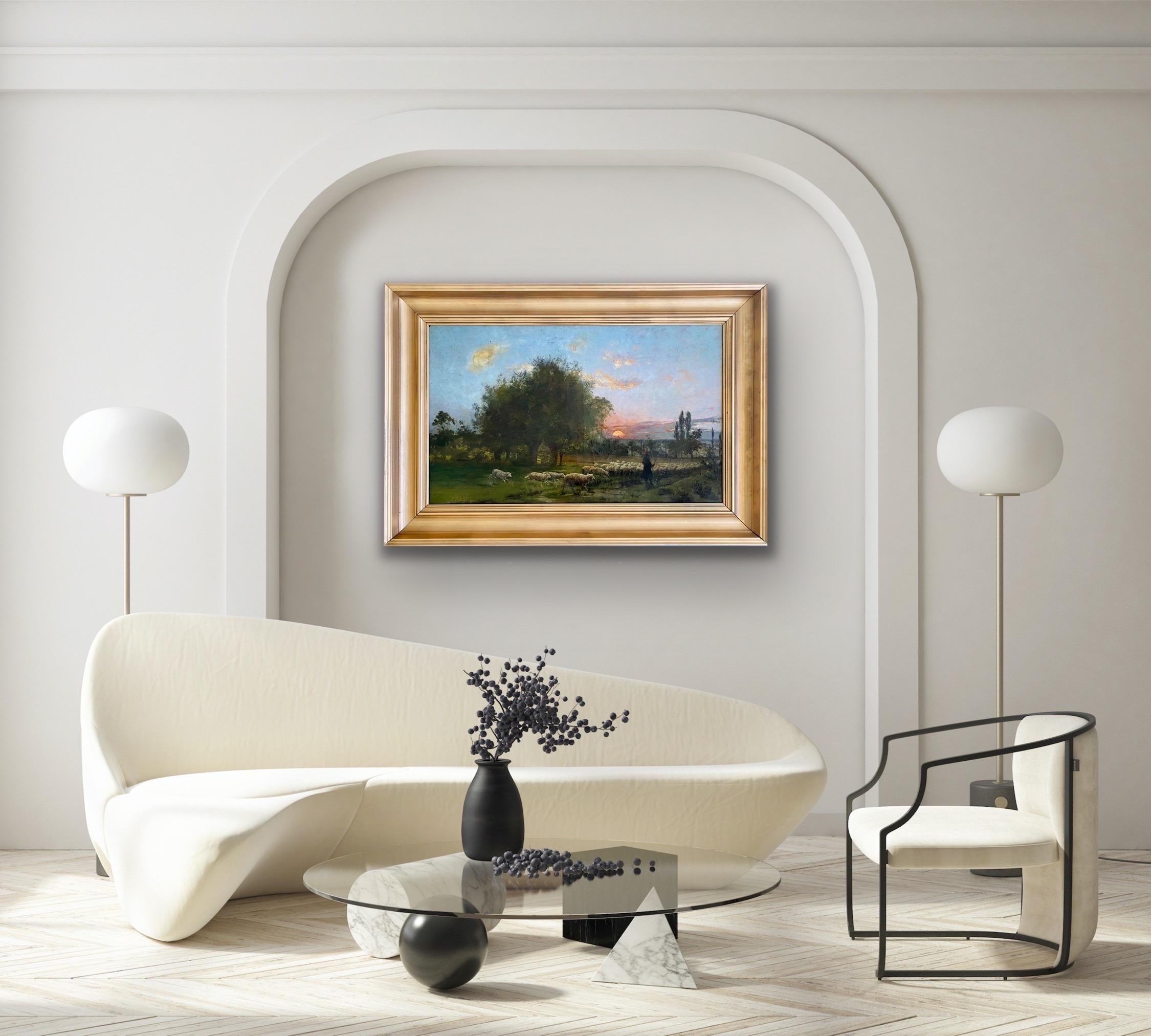 Grande peinture à l'huile de l'école de Barbizon du 19ème siècle Coucher de soleil à la campagne 3