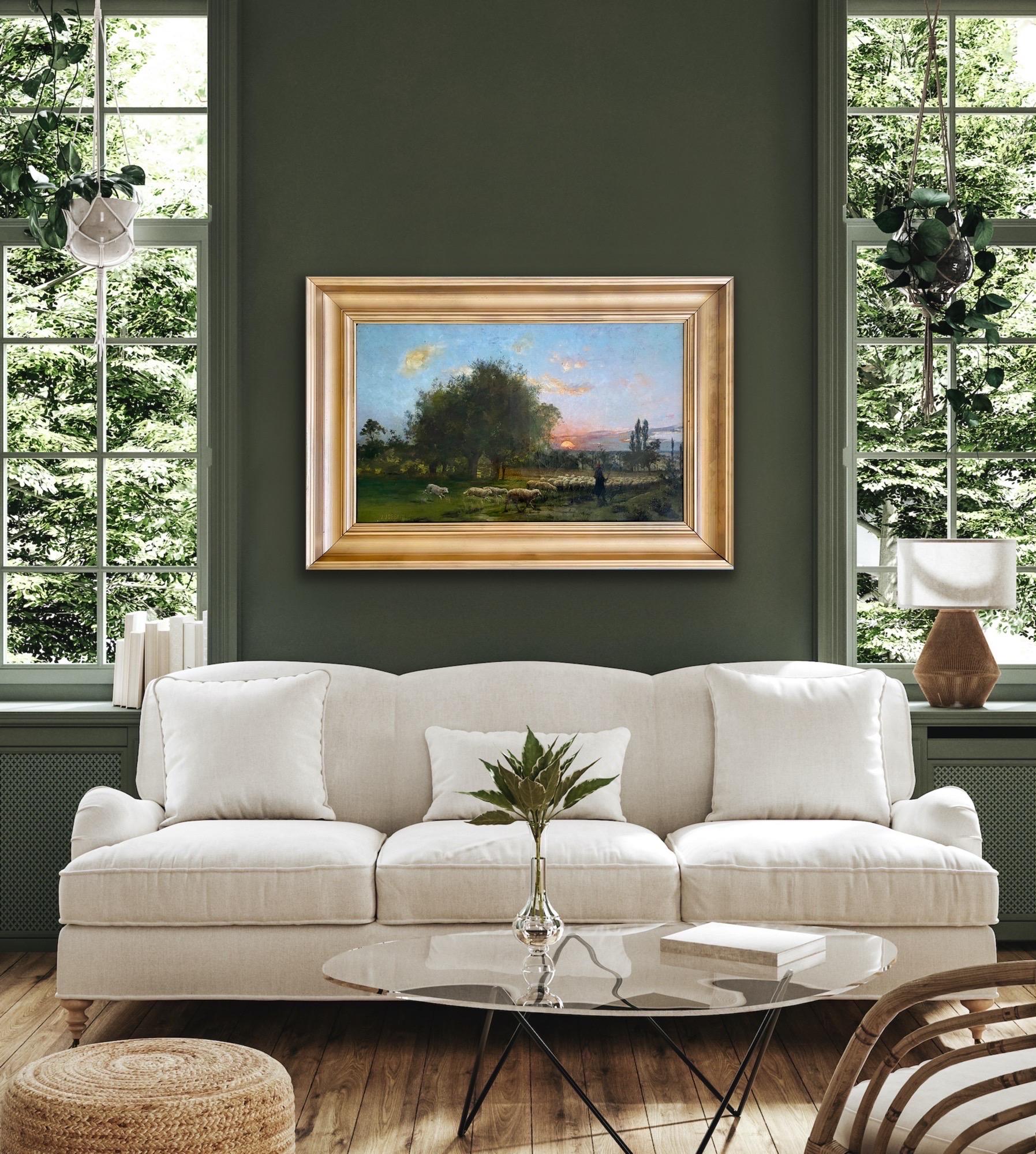 Grande peinture à l'huile de l'école de Barbizon du 19ème siècle Coucher de soleil à la campagne 4