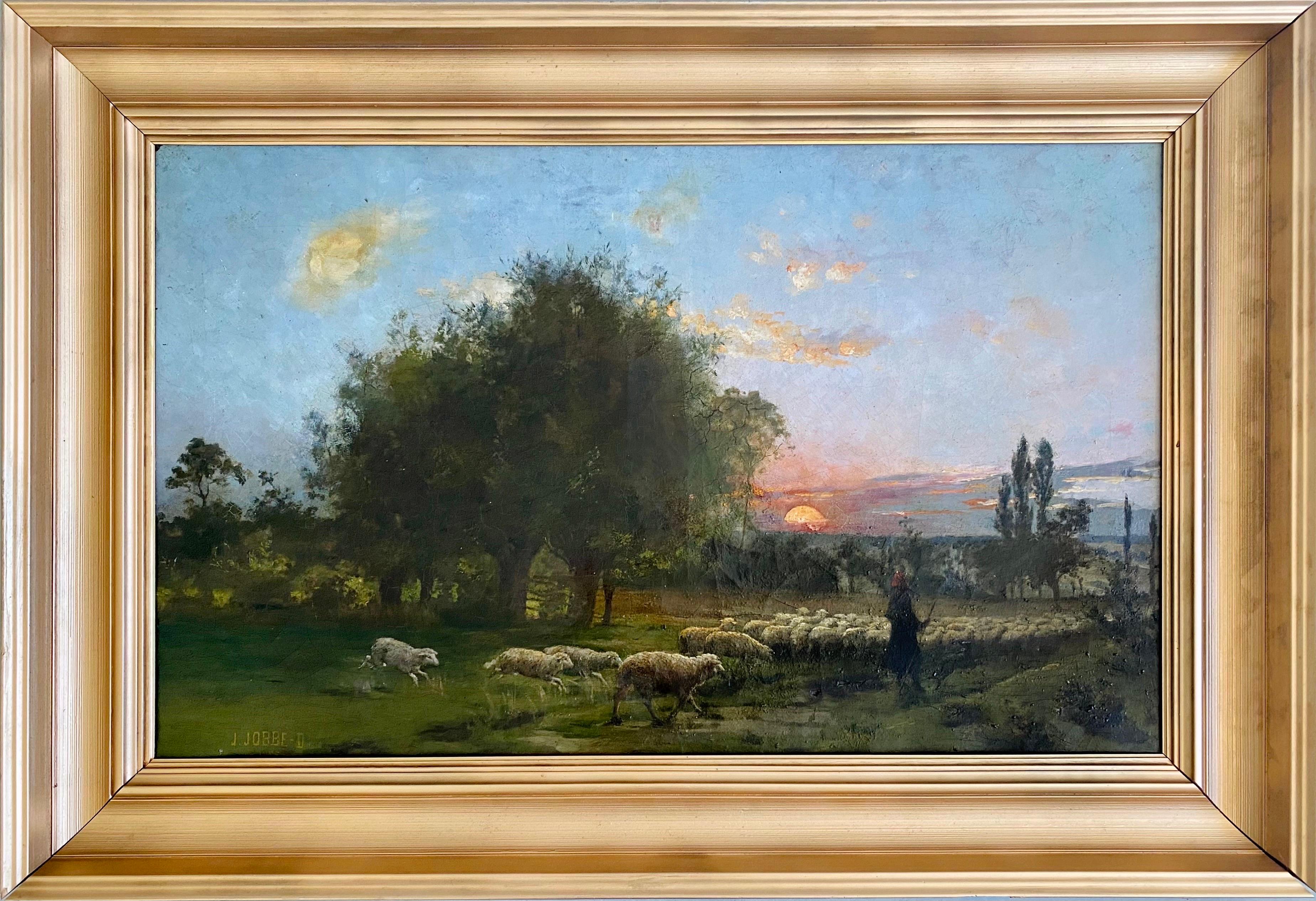 Jacques Jobbé-Duval Figurative Painting - Large 19th century French Barbizon School oil painting Sunset in the countryside