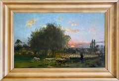 Large 19th century French Barbizon School oil painting Sunset in the countryside
