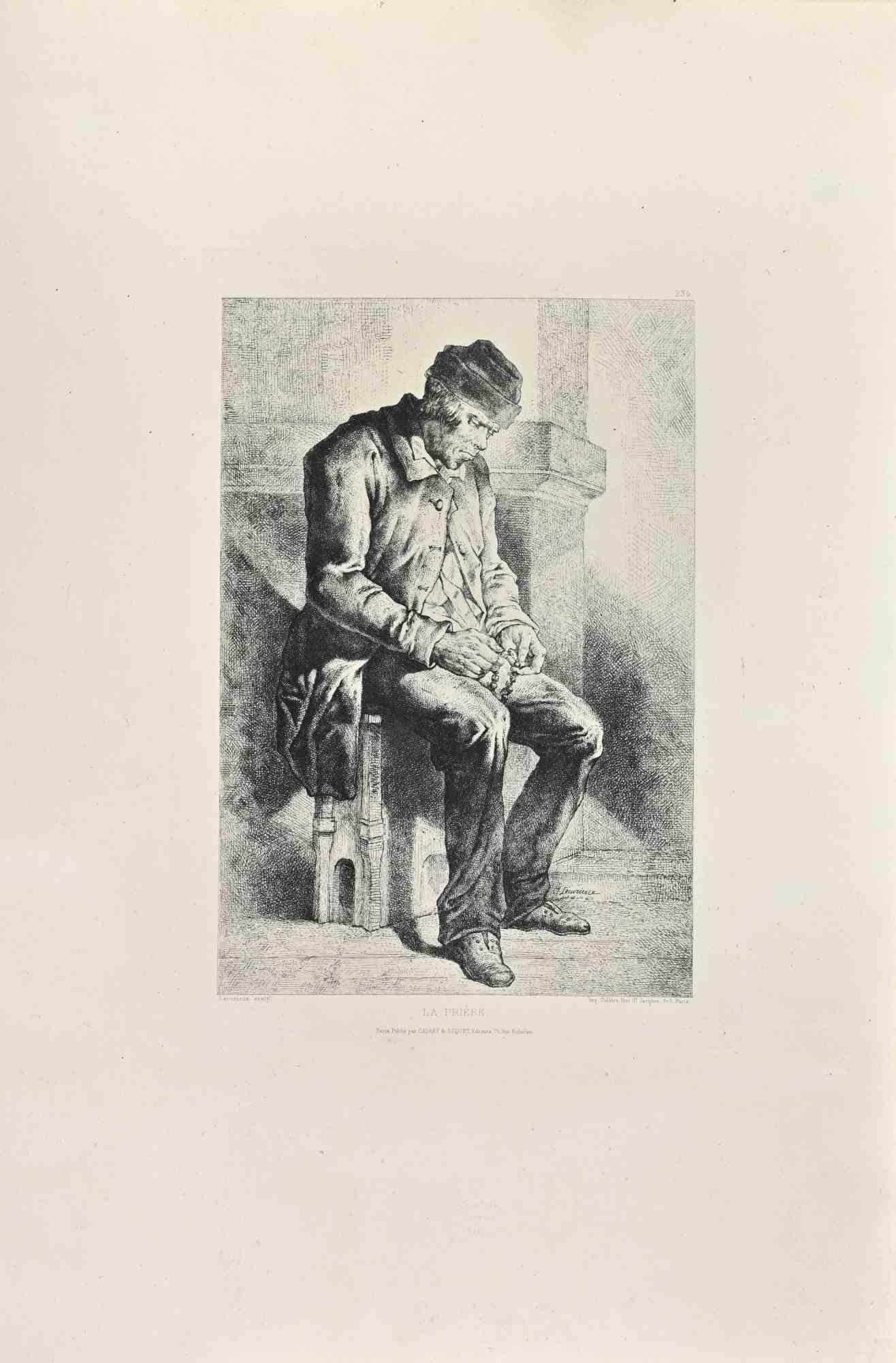 La Priere is a black and White etching realized by Jacques-Joseph Lecurieux in the 1860s. 

Titled in the lower.

Image size: 31x23.

Very good impression with wide margins and a very fresh inking.

Realized for the "Société des Aquafortistes. Born
