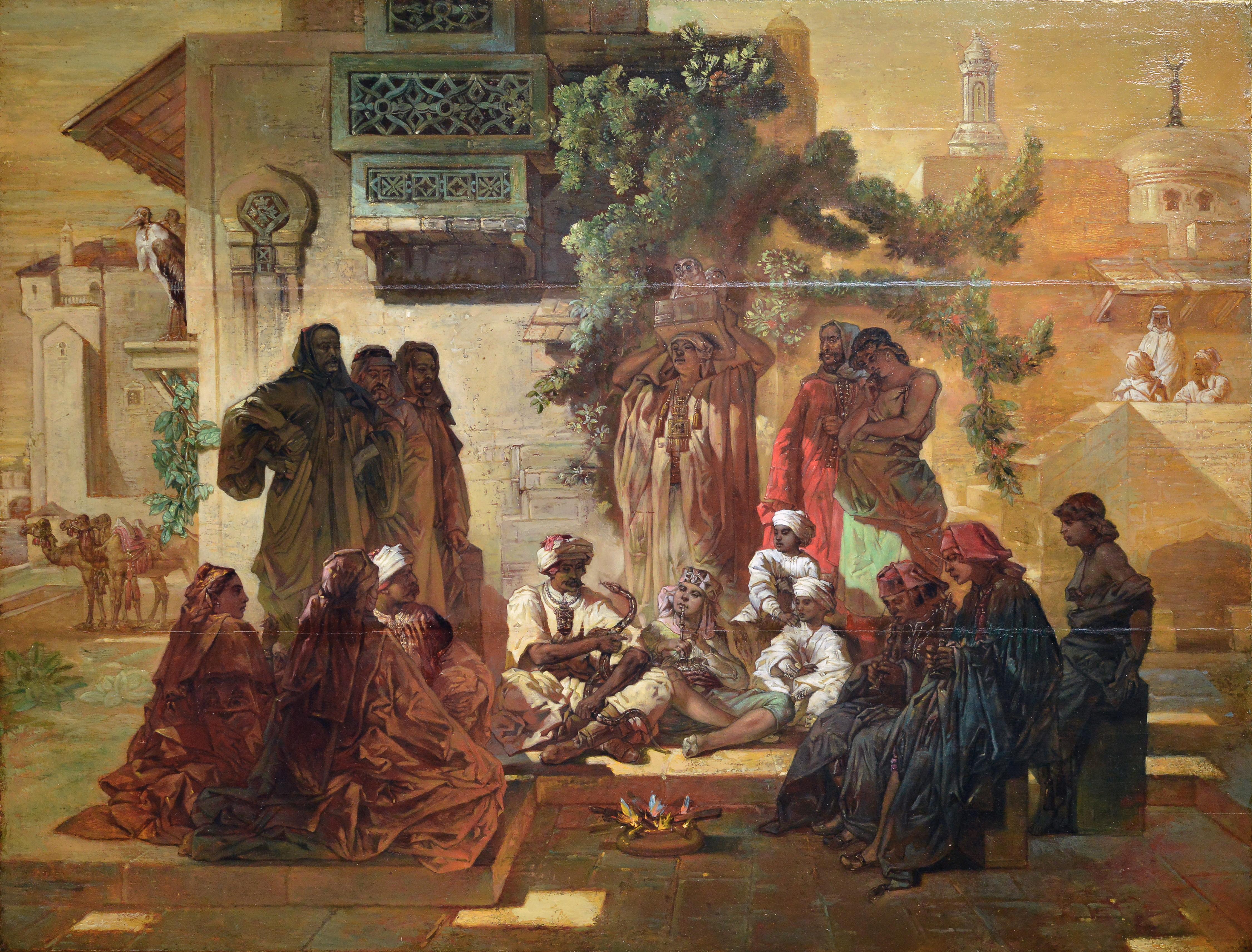 French Genre scene Street snake charmer 19th century Oil painting by Lecurieux - Painting by Jacques - Joseph Lecurieux
