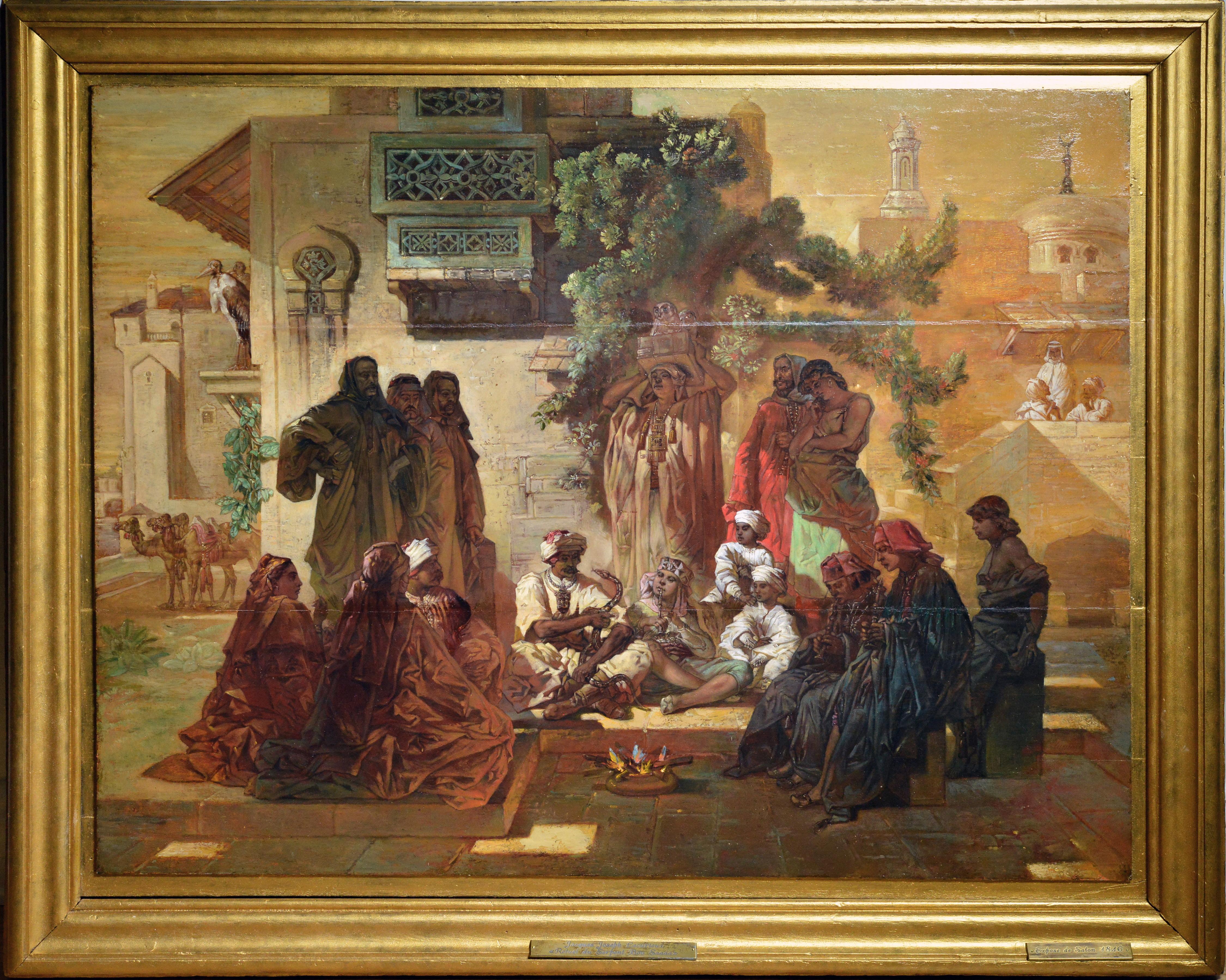 Französische Genre-Szene, Straßenschlangen Charmeur, Ölgemälde von Lecurieux, 19. Jahrhundert