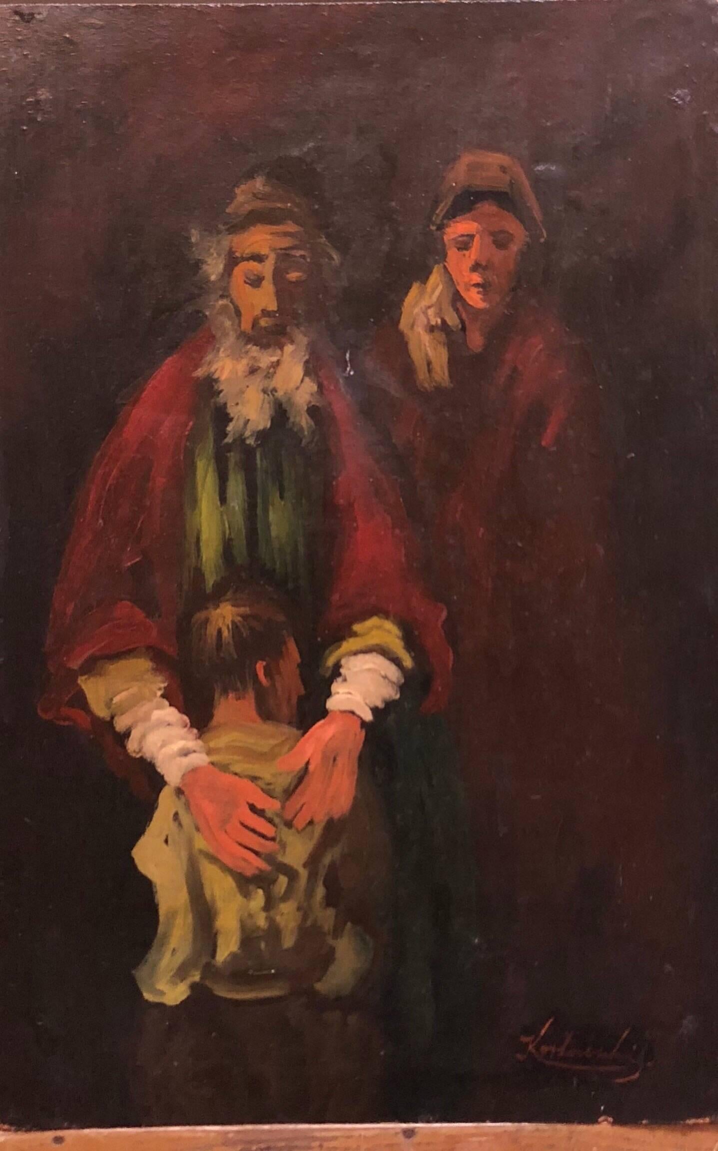 Expressionist Realistic portrait of a Jewish refugee family World War II era by Lithuanian French Jewish artist. Here the artist conveys a sense of quiet grandeur through the eyes of his subject and the way it's rendered. Part of a distinguished