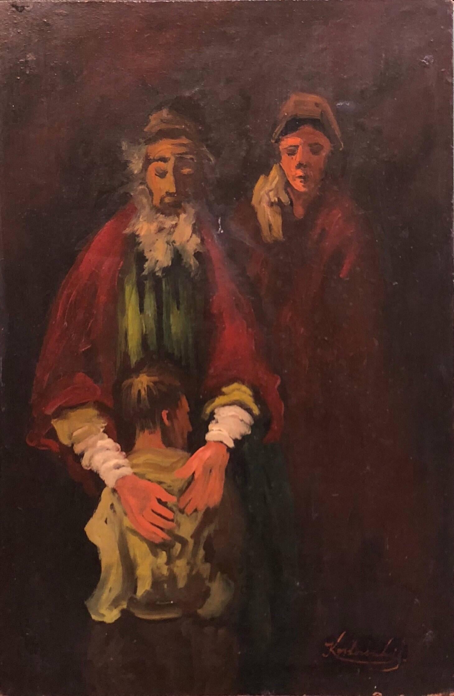 Lithuanian French Ecole de Paris Judaica Oil Painting Refugee Family For Sale 1