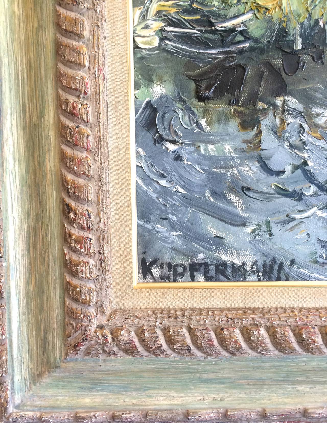  Expressionistische Landschaft mit Fluss
Signiert unten links.
Jacques Herbert Kupfermann (1926-1987) war ein amerikanischer Maler des Expressionismus, der in Wien, Österreich, geboren wurde. Sein sowohl abstraktes als auch figuratives Werk lässt