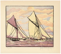 'Columbia Passes Shamrock II' — 1901 America's Cup, 1930s Color Woodcut
