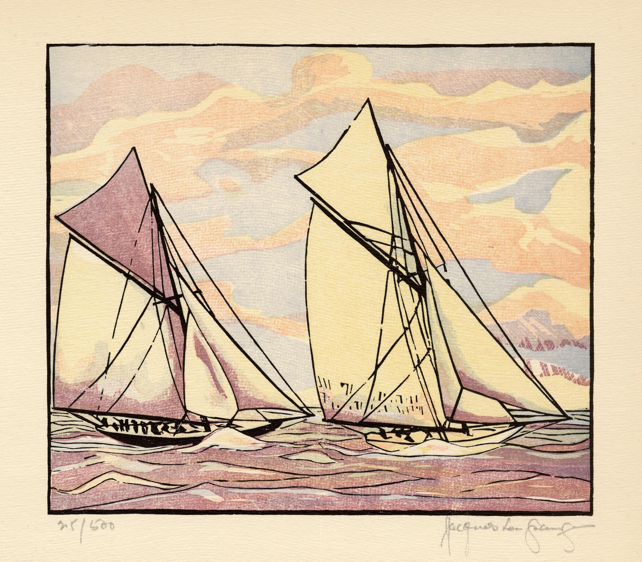 'Columbia Passes Shamrock II' — 1901 America's Cup, 1930s Color Woodcut