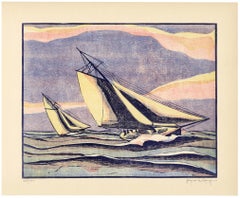 'Racing in a Storm' — 1885 America's Cup, 1930s Color Woodcut