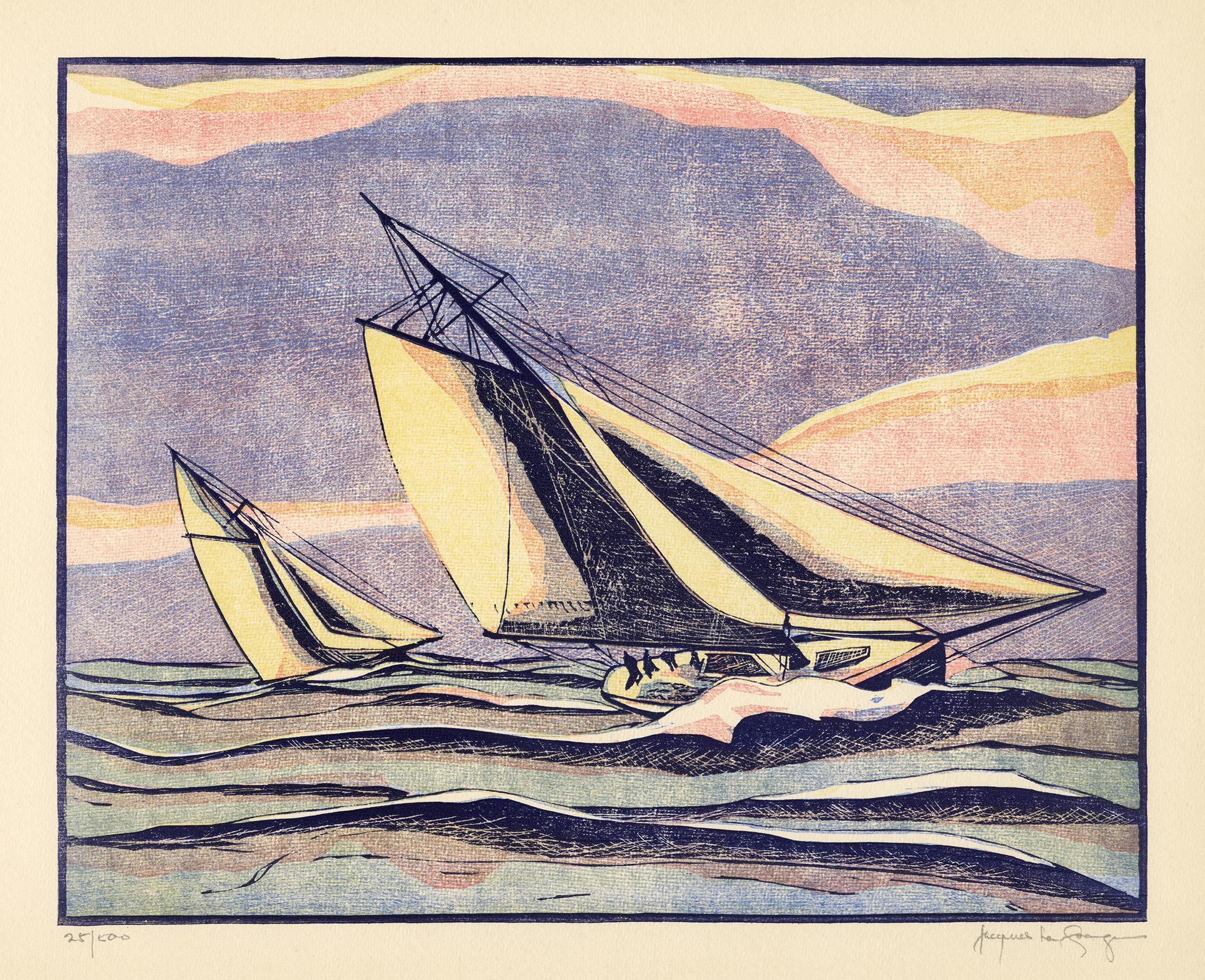 'Racing in a Storm' — 1885 America's Cup, 1930s Color Woodcut