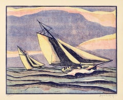 'Racing in a Storm' — 1885 America's Cup, 1930s Color Woodcut