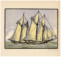 'Sappho Passes Livonia' — 1871 America's Cup, 1930s Color Woodcut