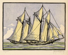 'Sappho Passes Livonia' — 1871 America's Cup, 1930s Color Woodcut