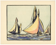 'The Magic Is Ahead' — 1870 America's Cup, 1930s Color Woodcut