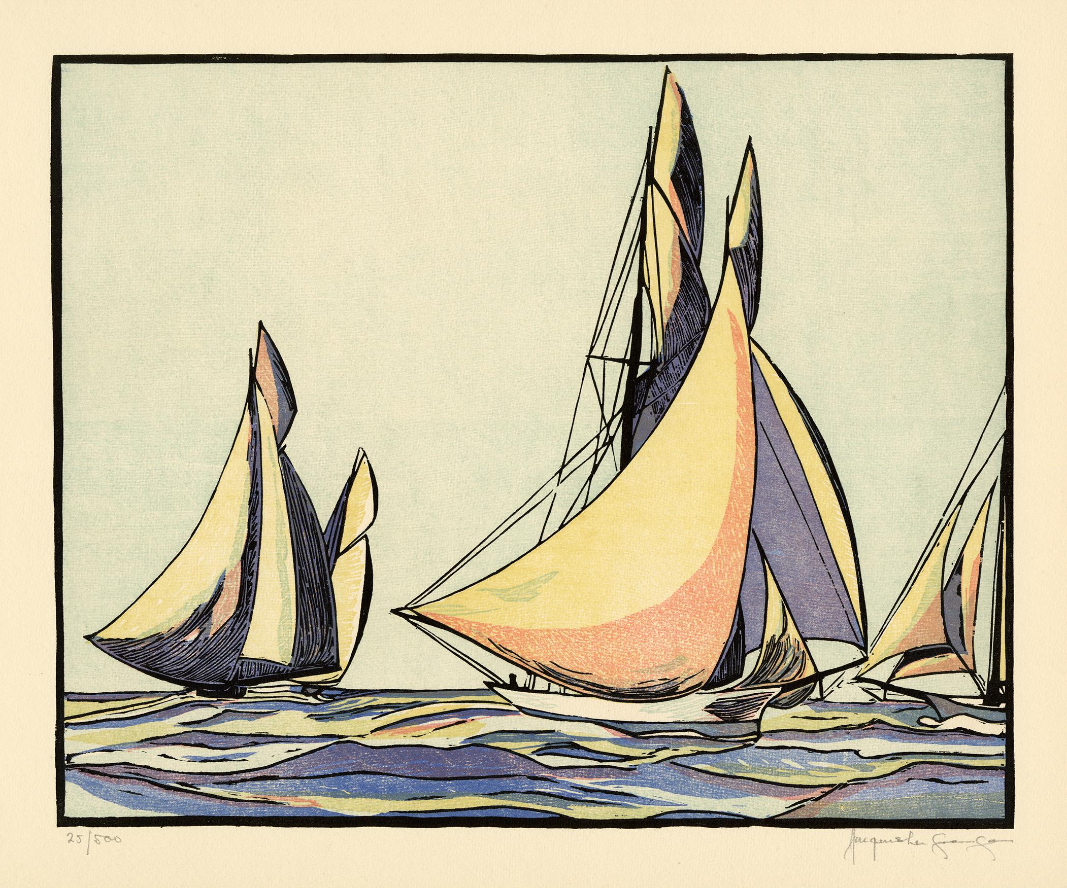 Jacques La Grange Figurative Print - 'The Magic Is Ahead' — 1870 America's Cup, 1930s Color Woodcut