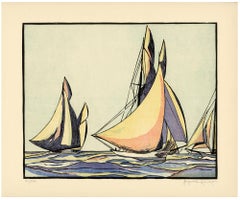 'The Magic Is Ahead' — 1870 America's Cup, 1930s Color Woodcut