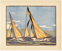 'The Start of the Race' — 1899 America's Cup, 1930s Color Woodcut