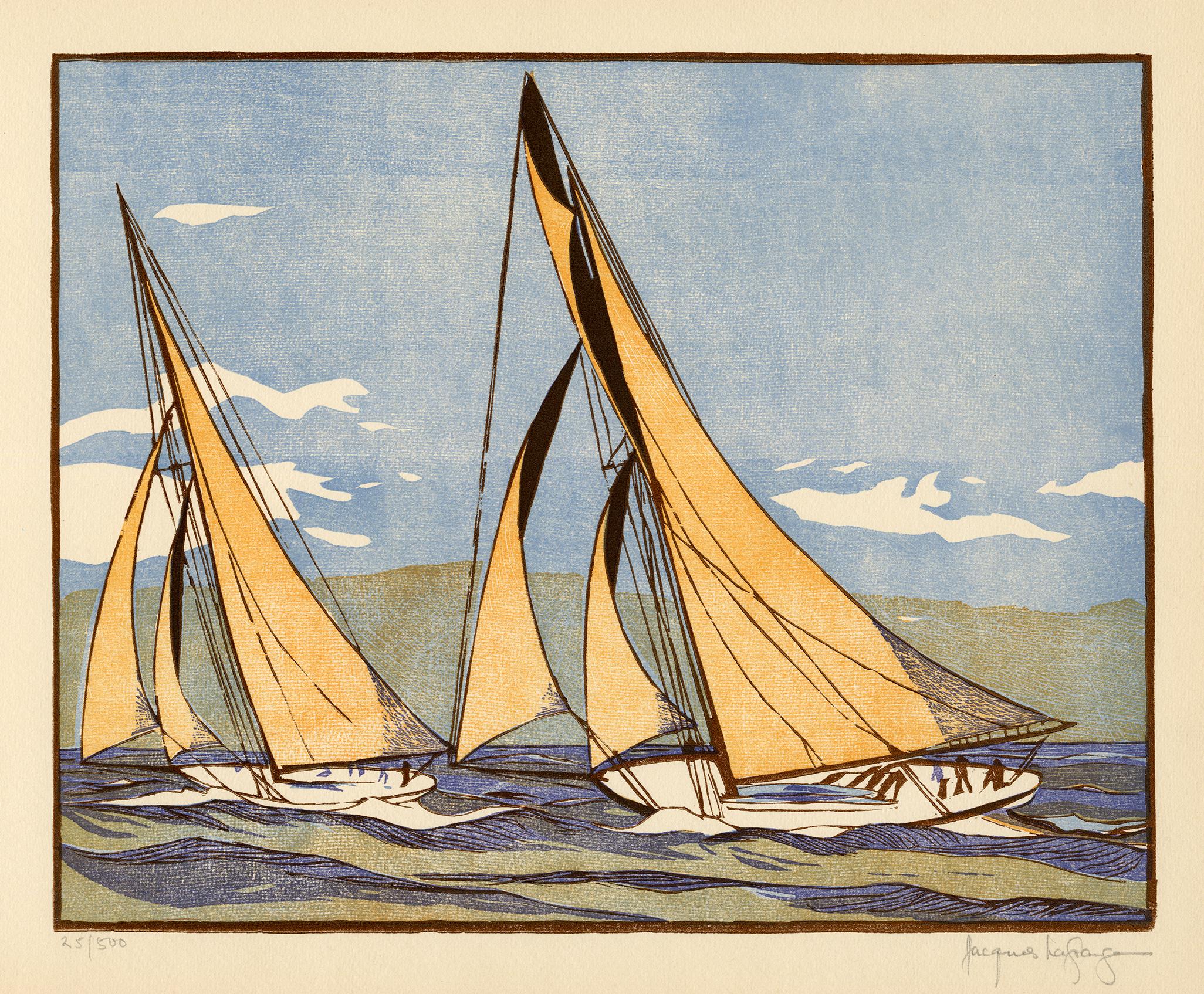 'The Start of the Race' — 1899 America's Cup, 1930s Color Woodcut