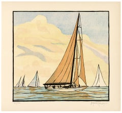'The Yankee' — 1934 America's Cup, 1930s Color Woodcut