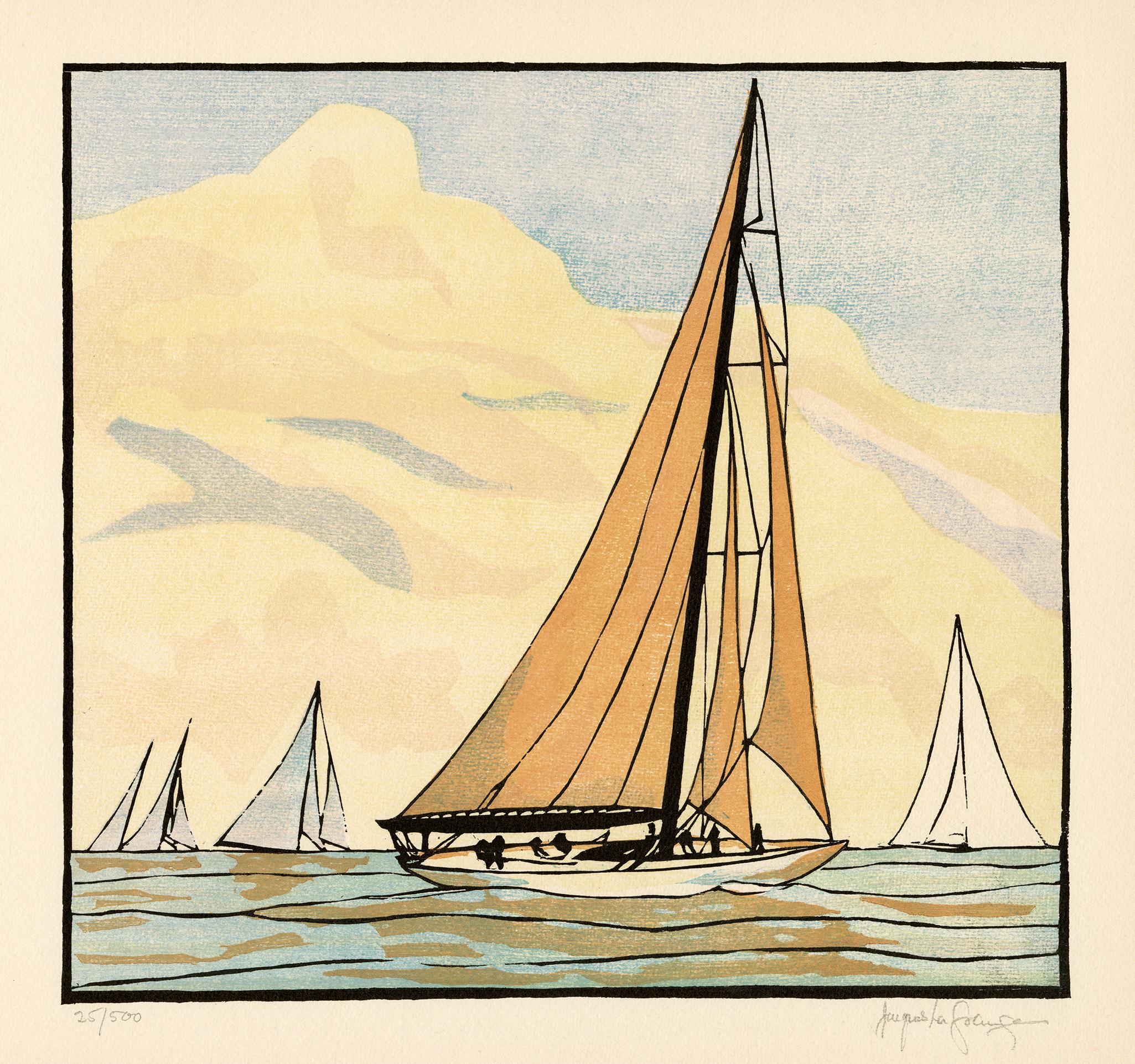 'The Yankee' — 1934 America's Cup, 1930s Color Woodcut