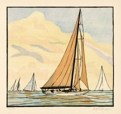 'The Yankee' — 1934 America's Cup, 1930s Color Woodcut