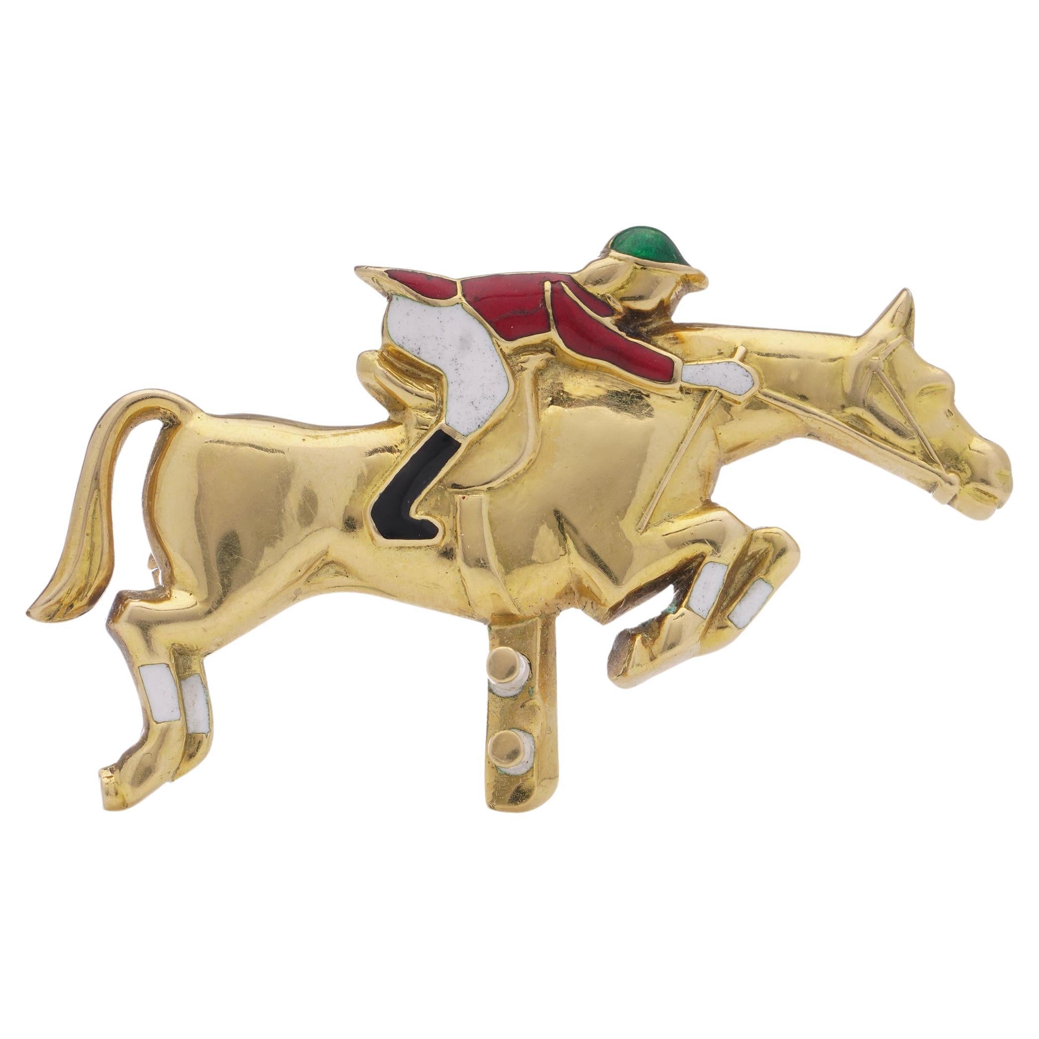 Jacques Lacloche 18 kt. yellow gold jockey and horse brooch For Sale