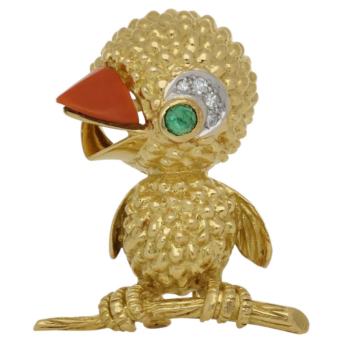 Jacques Lacloche 18ct Gold, Diamond, Emerald and Coral Chick Brooch circa 1950s For Sale