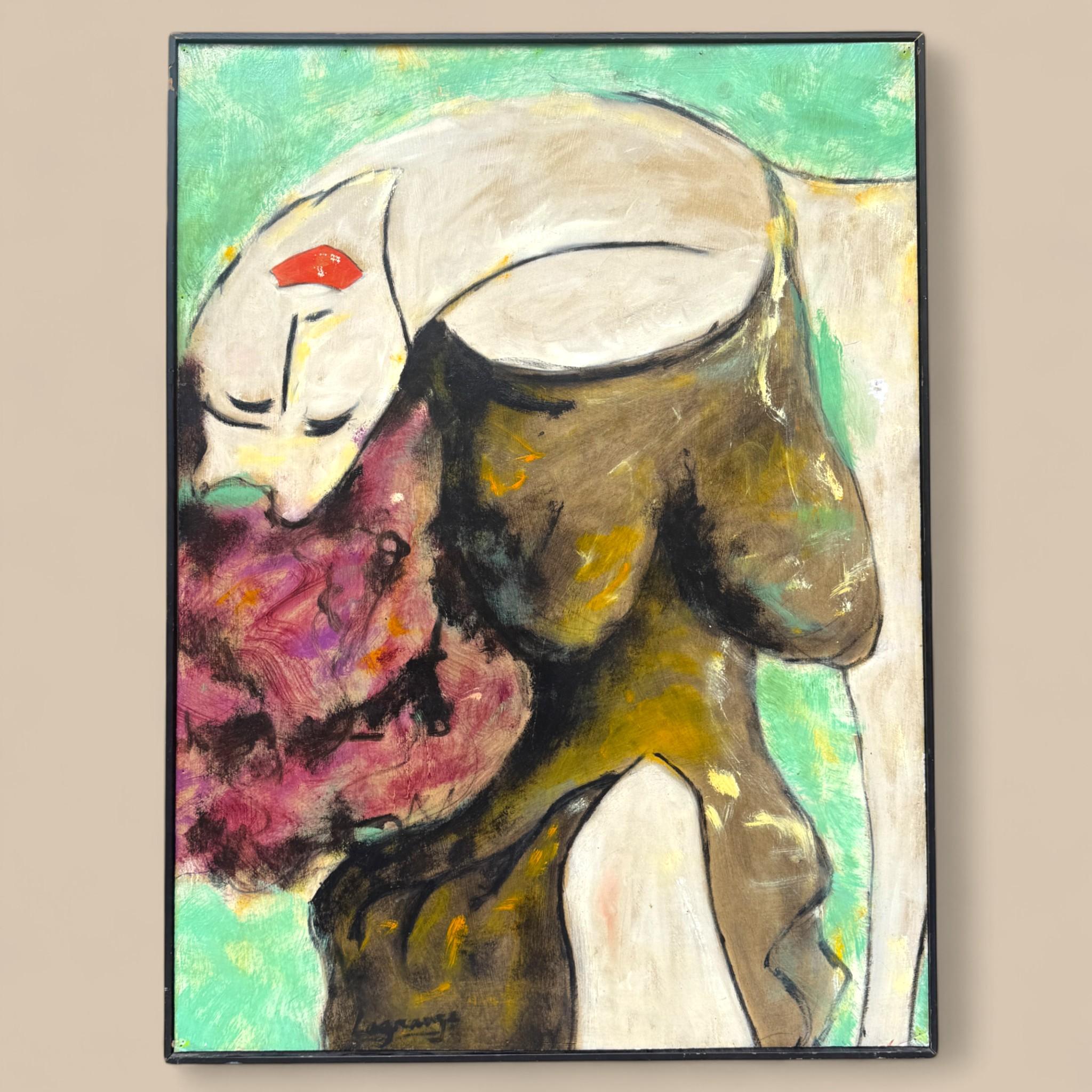 Jacques Lagrange, Woman with Flowers, Oil on cardboard, circa 1950–1955 im Angebot 4