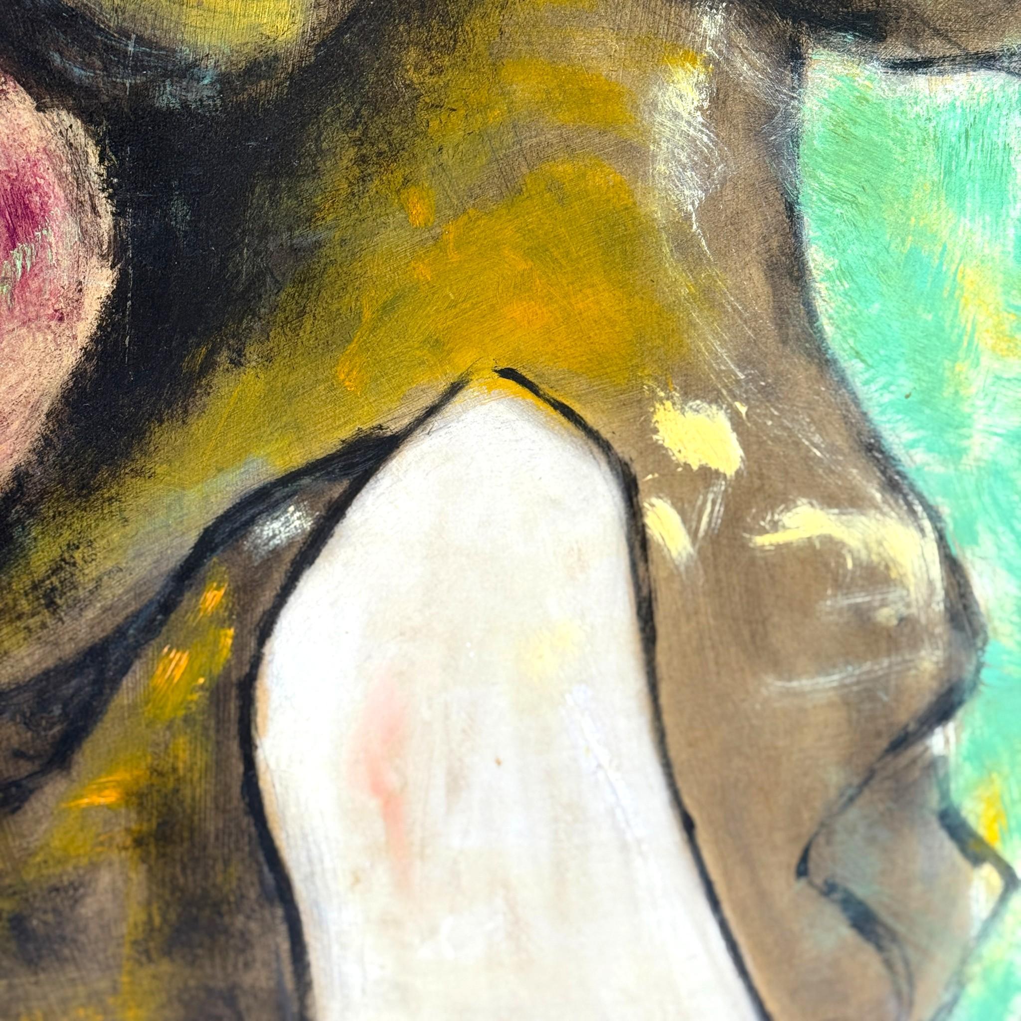 Jacques Lagrange, Woman with Flowers, Oil on cardboard, circa 1950–1955 (Weichholz) im Angebot
