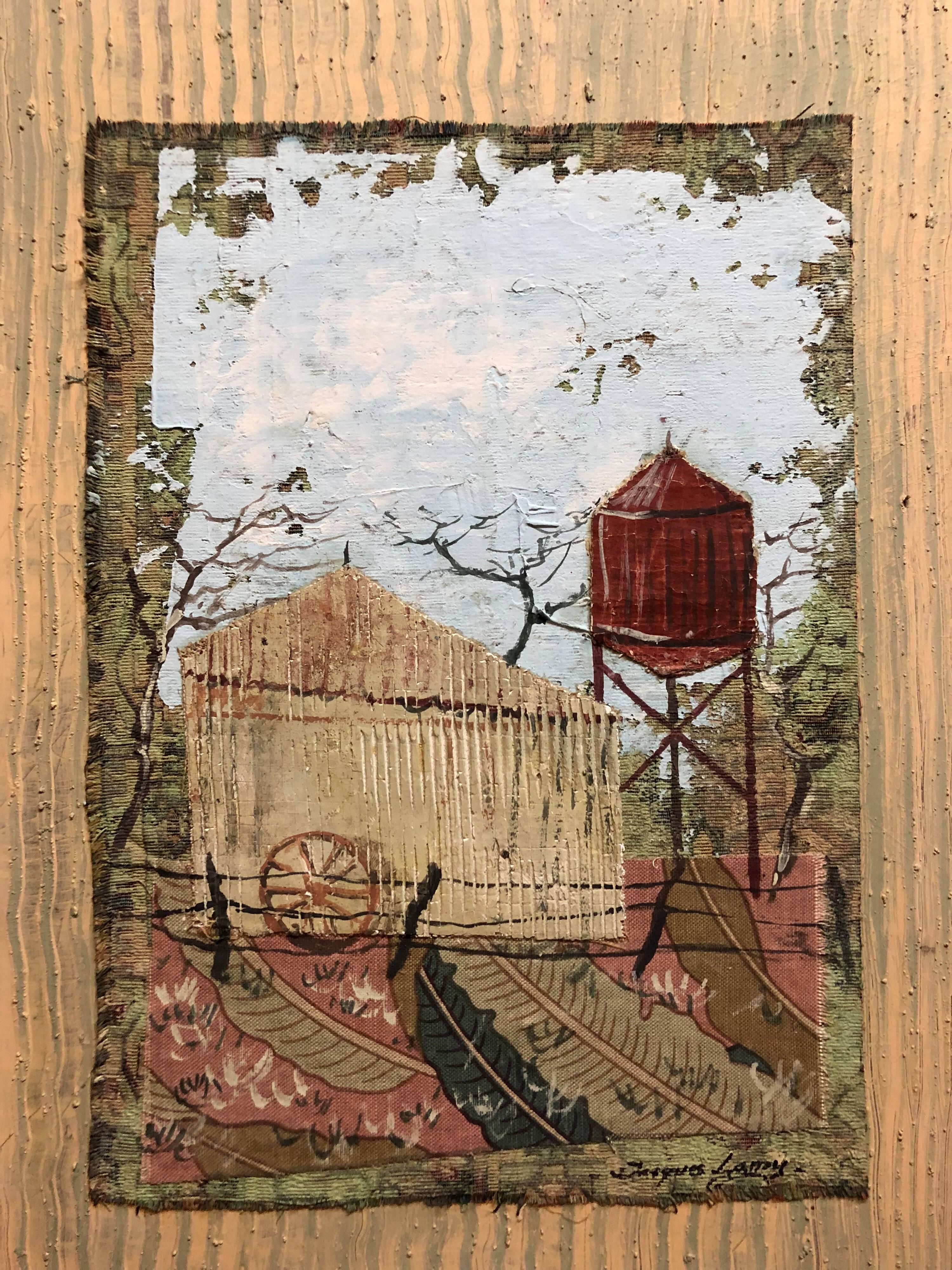 Collage de peinture à l'huile Mixed Media Farmhouse, Barn - Mixed Media Art de Jacques Lamy