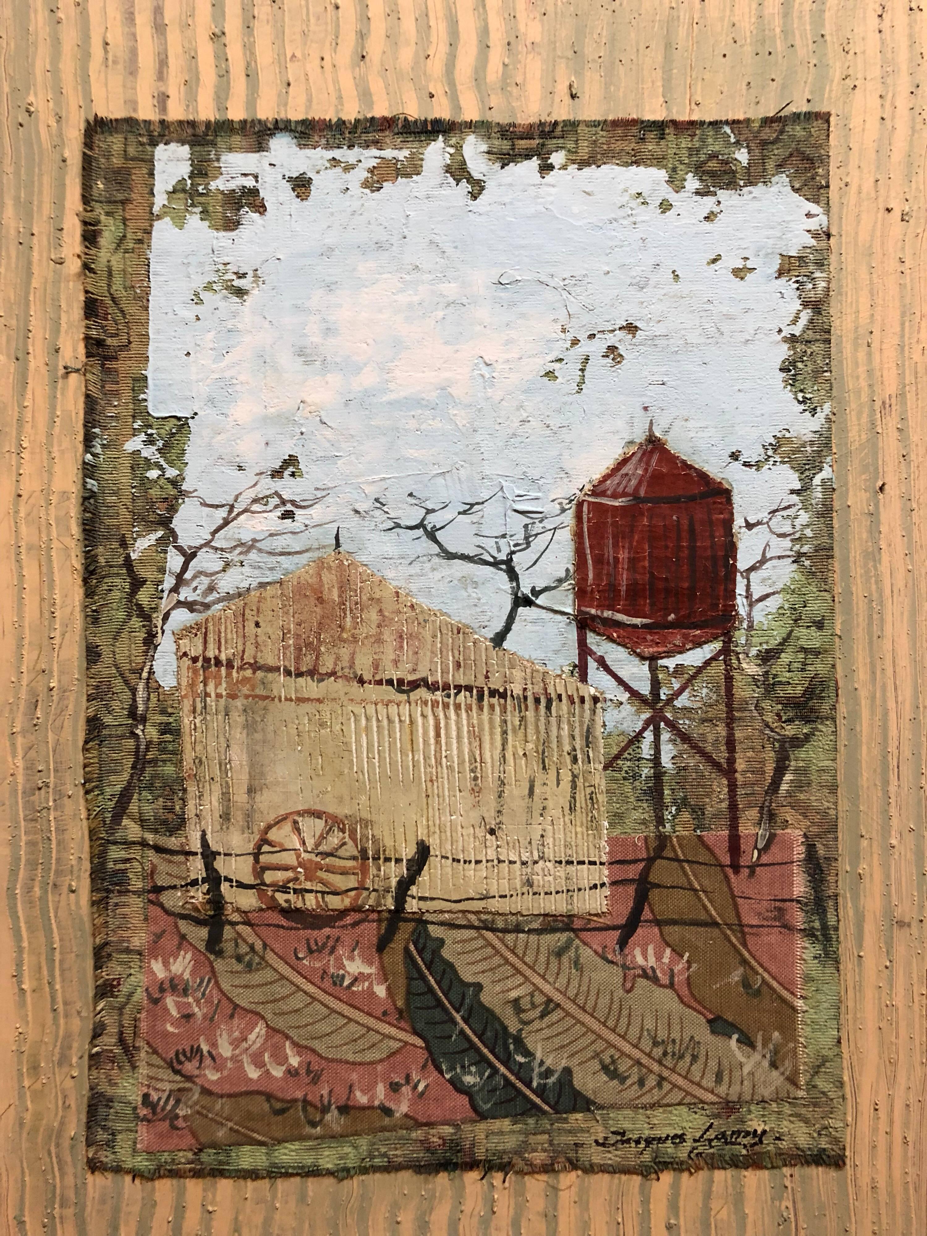 Still-Life Painting Jacques Lamy - Collage de peinture à l'huile représentant une ferme et une grange, en techniques mixtes
