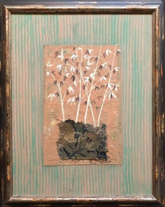 Pittura a olio floreale a tecnica mista Collage di bouquet di erba di bambù con fiori