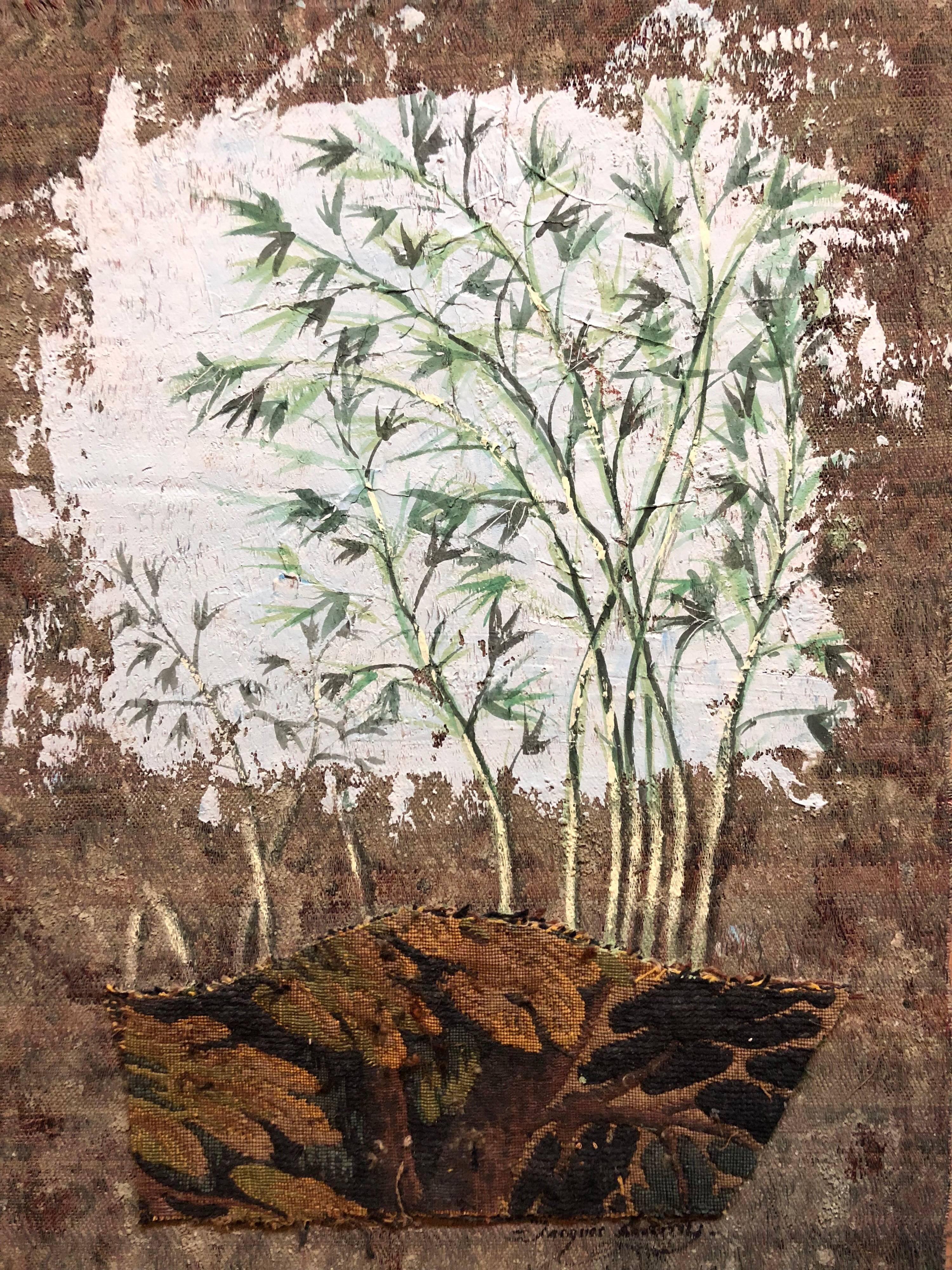 Mixed Media Floral Oil Painting Collage Bouquet of Bamboo Grass with Flowers - Contemporary Mixed Media Art by Jacques Lamy