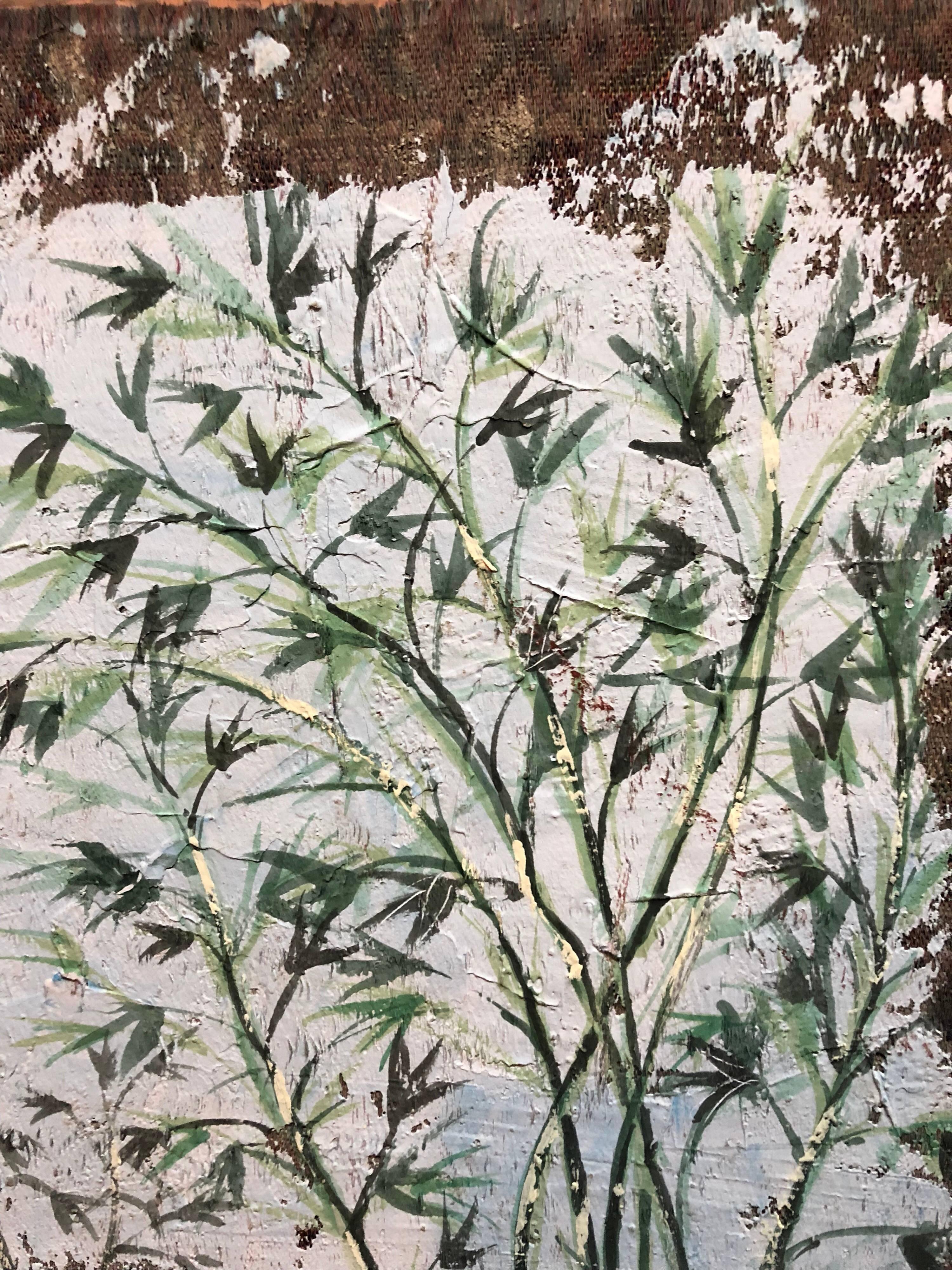 The piece uses a combination of plaster, textured board, woven patterned cloth and gouache paint to depict green bamboo plants growing against a variegated brown and pale blue background. 

Born in Paris in 1946 and raised in the heart of an idyllic