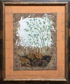 Mixed Media Floral Oil Painting Collage Bouquet of Bamboo Grass with Flowers