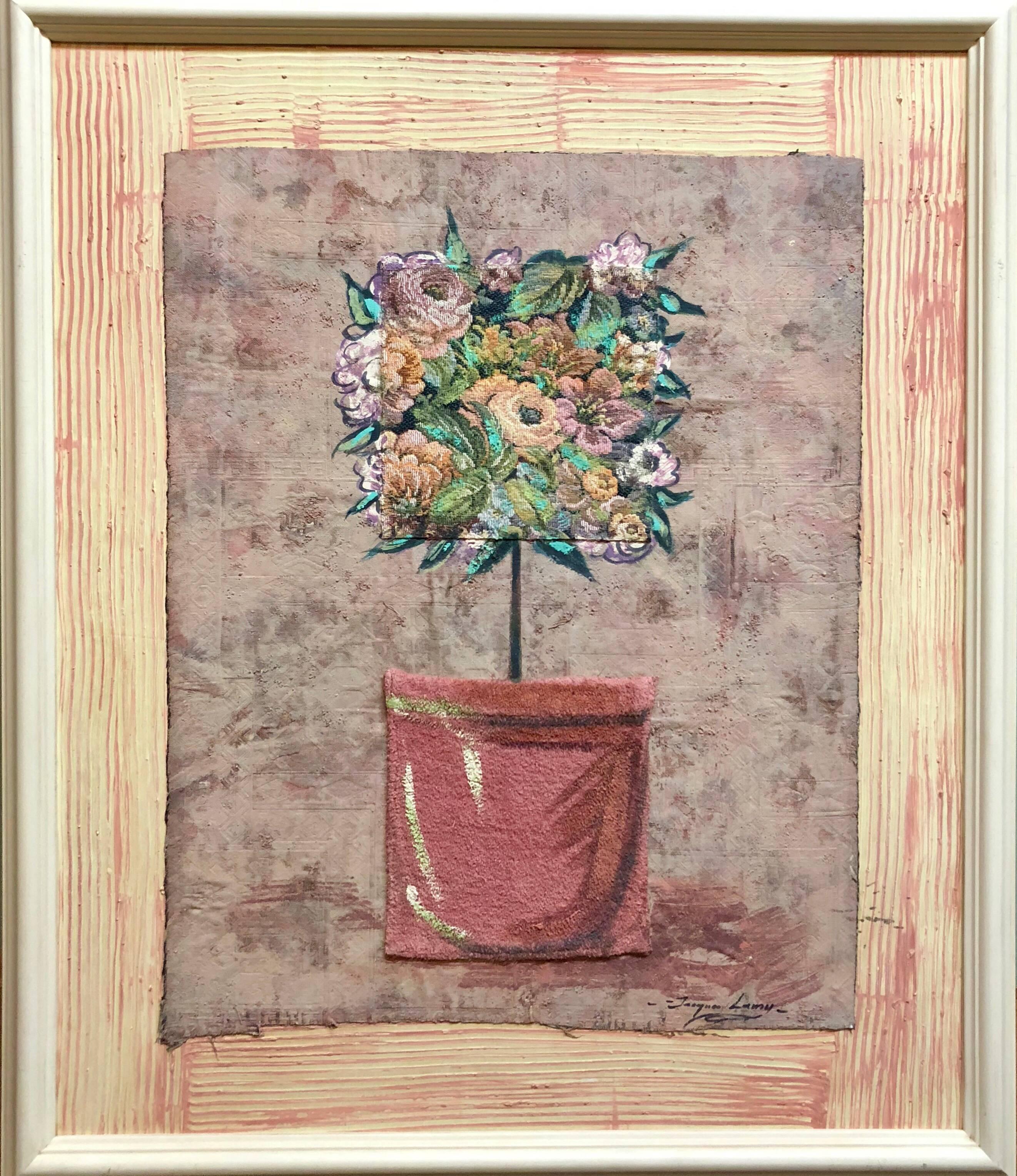 Peinture à l'huile technique mixte à motifs floraux - Collage de fleurs - Painting de Jacques Lamy