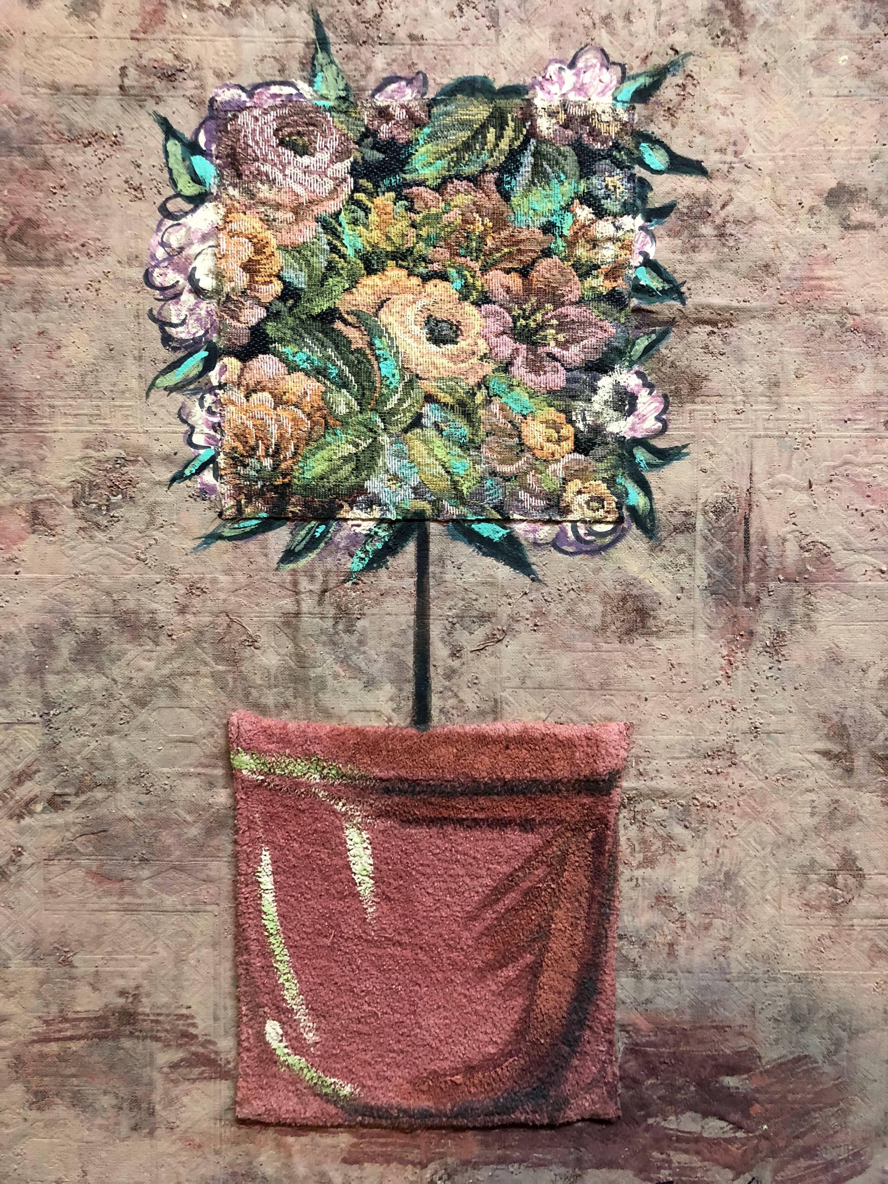 Peinture à l'huile technique mixte à motifs floraux - Collage de fleurs - Contemporain Painting par Jacques Lamy